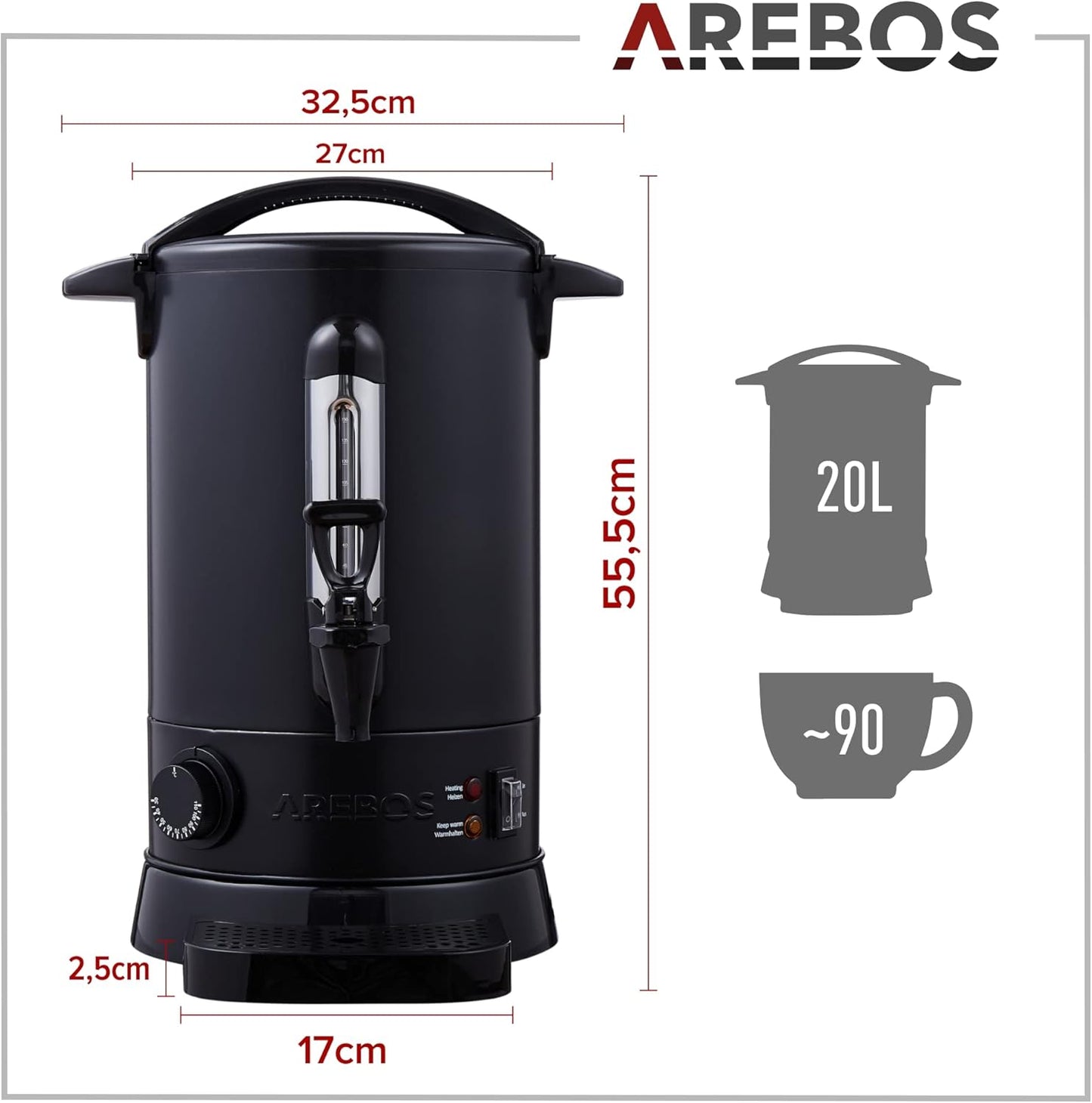 3in1 Glühweinkocher mit Thermostat, Auffangschale & Auslasshahn, Schwarz