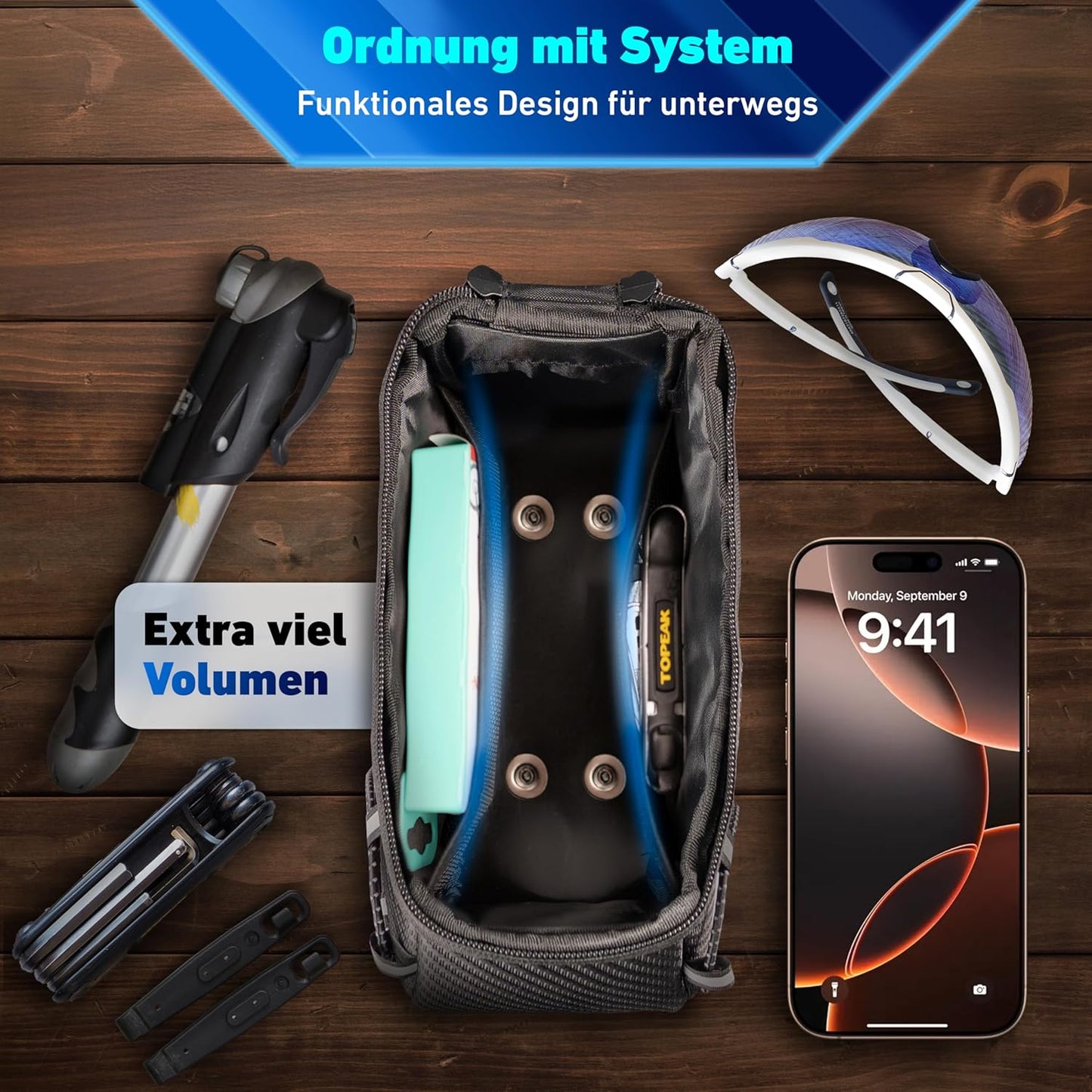Rahmentasche mit Schnellspanner & Handyfach, Schwarz mit Handyfach