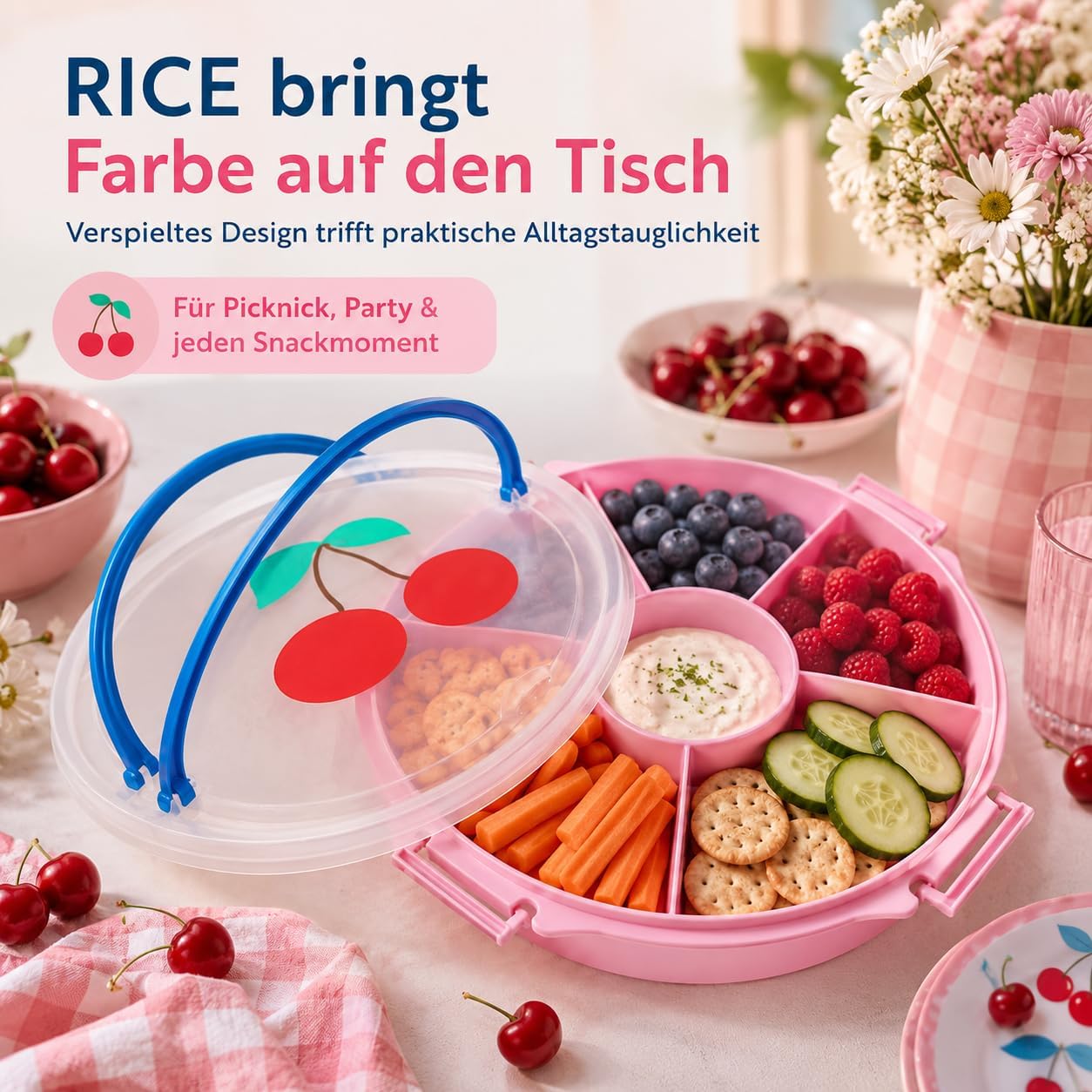 Snackbox mit Fächern und Deckel für Obst und Dips, Kirsche