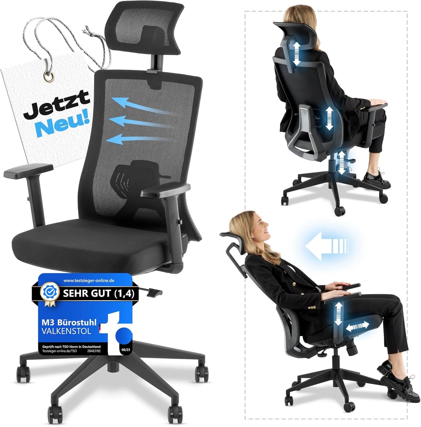 Ergonomischer Bürostuhl mit Kopfstütze und Armlehnen, M3 Komfort (Schwarz)