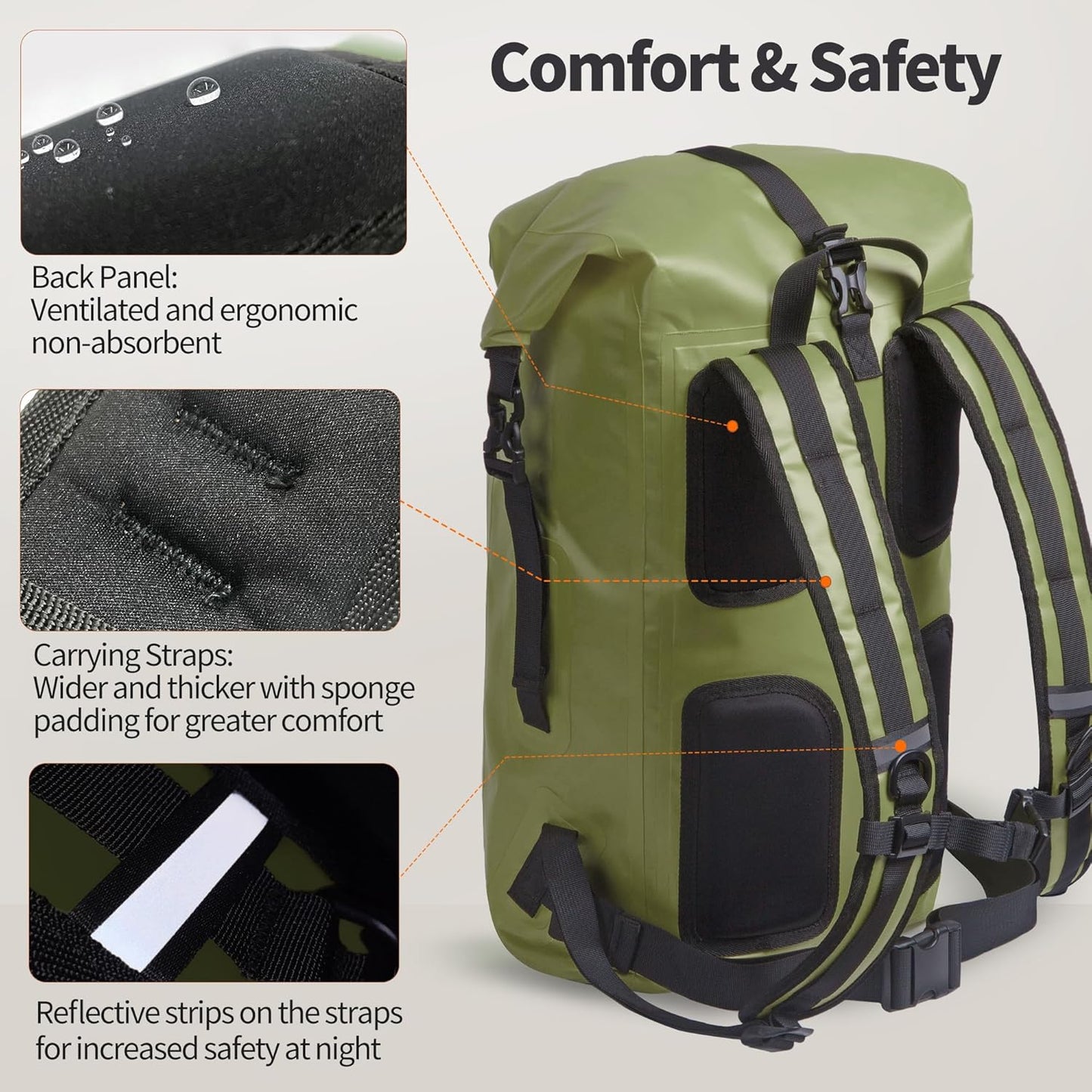 Wasserdichter Rolltop-Rucksack, 55 Liter, Armeegrün 55L