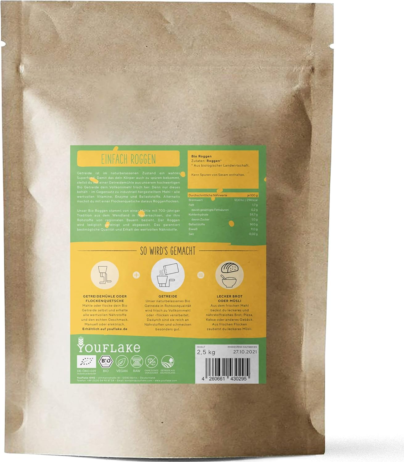 Mahlaufsatz für KitchenAid inkl. Roggen (2,5 kg), Mockmill Mahlaufsatz + 2,5 kg Bio Roggen