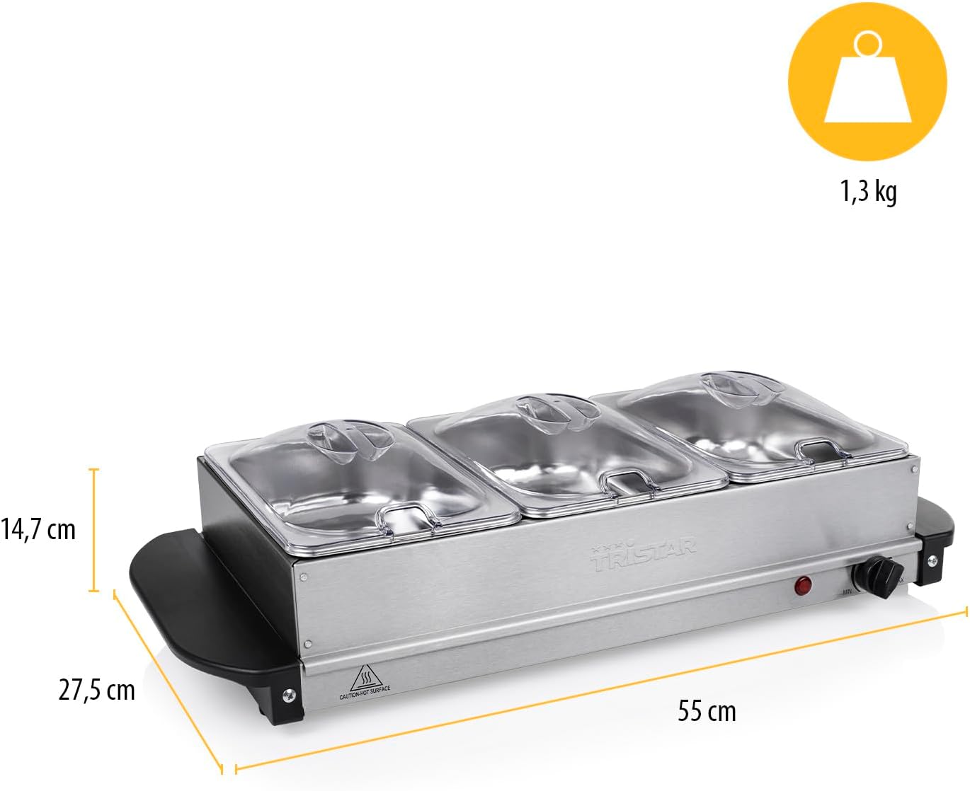 Buffetwärmer mit einstellbarem Thermostat, 1600 Watt Leistung, 25 g/ min Dampferzeugung Mittelgross