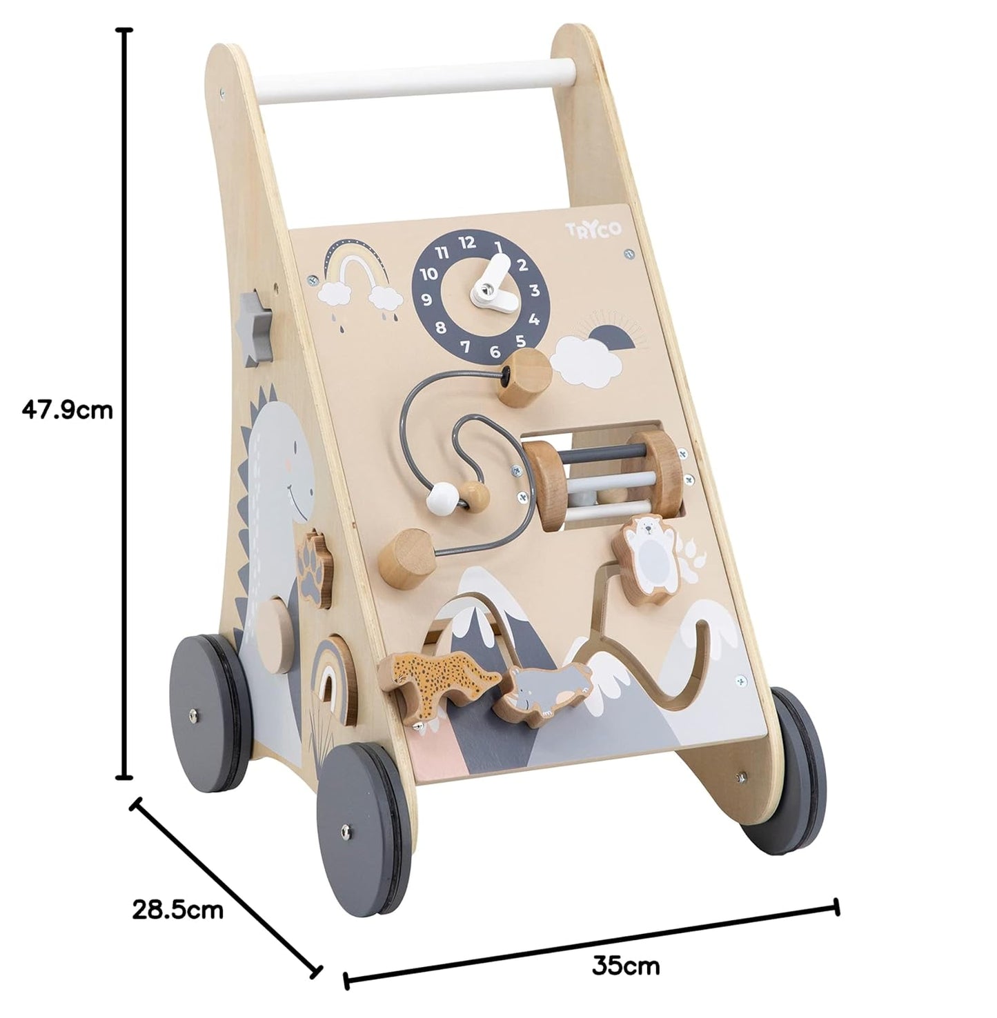 Lauflernwagen aus Holz mit Motorikspiel, Natur/Weiss (neutral).