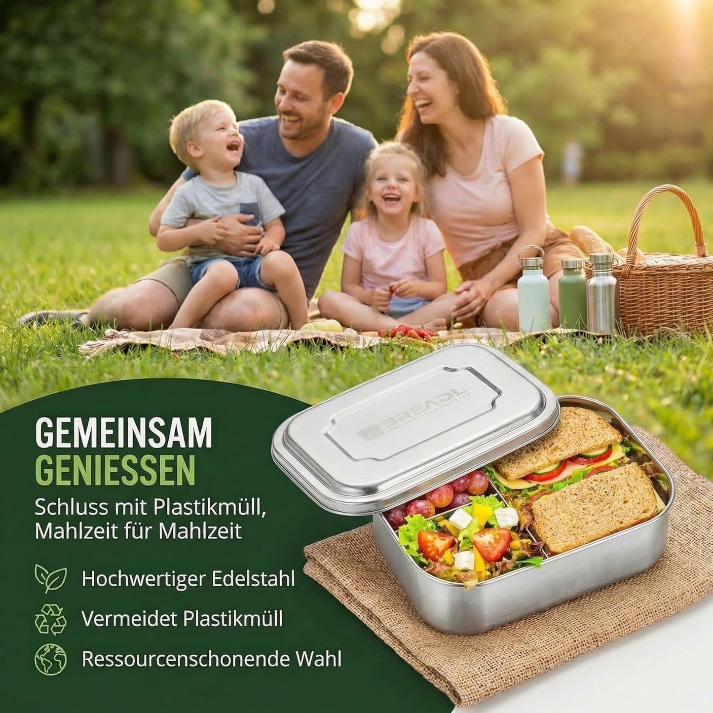 Edelstahl Brotdose, 1400ml / 3 Fächer Edelstahl