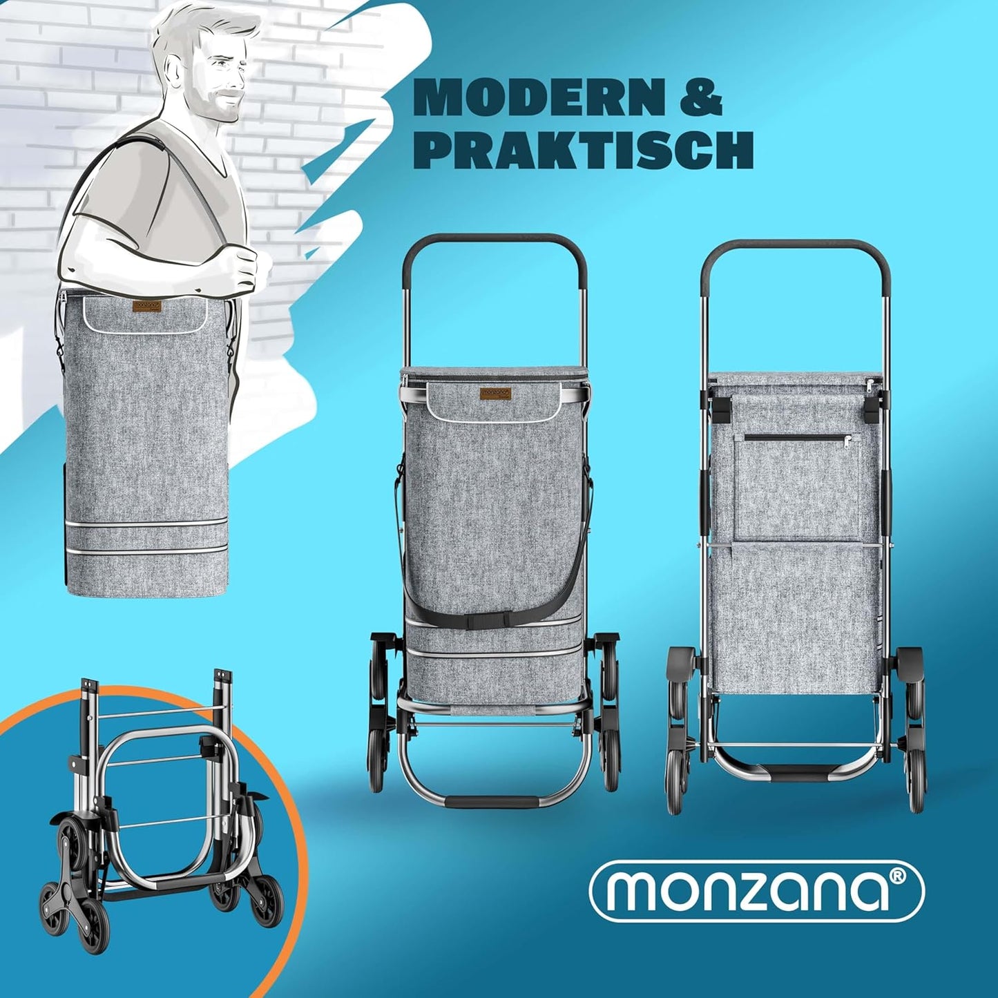 3in1 Einkaufstrolley mit Treppensteiger-Funktion, Grau