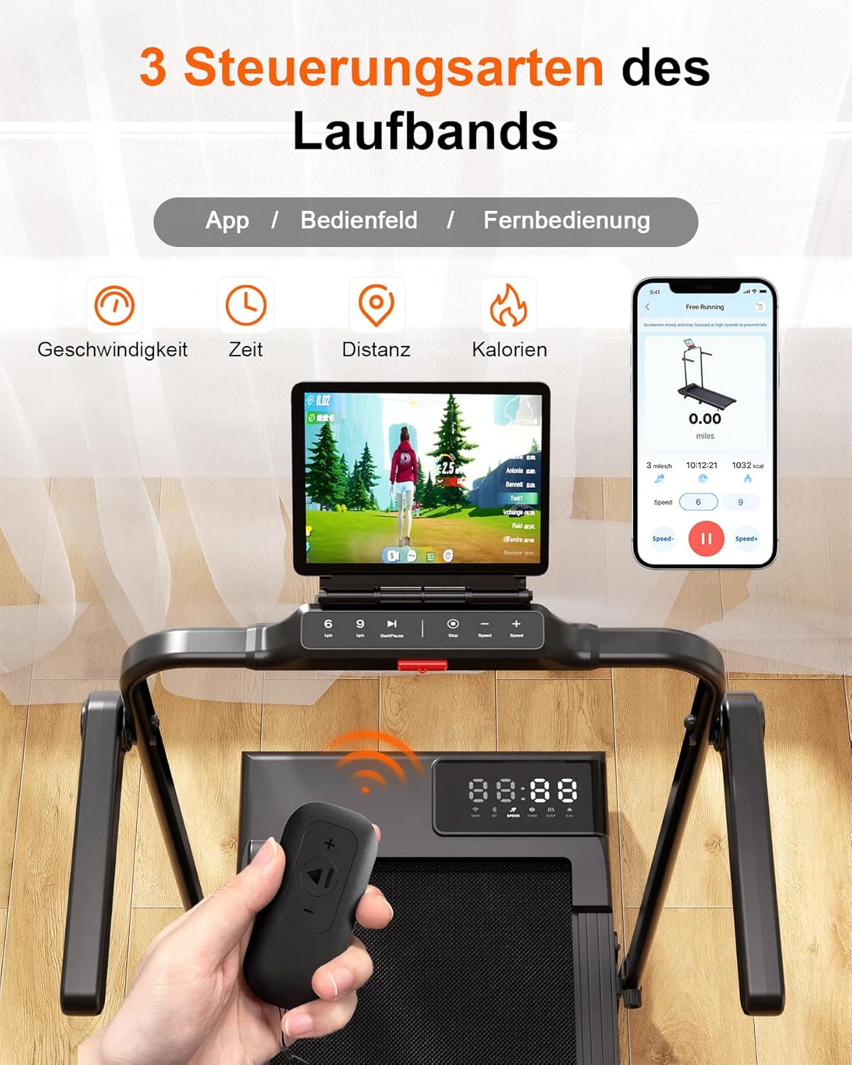 Walking Pad mit Steigung und App-Steuerung, 90cm Mit Steigung 9% Schwarz