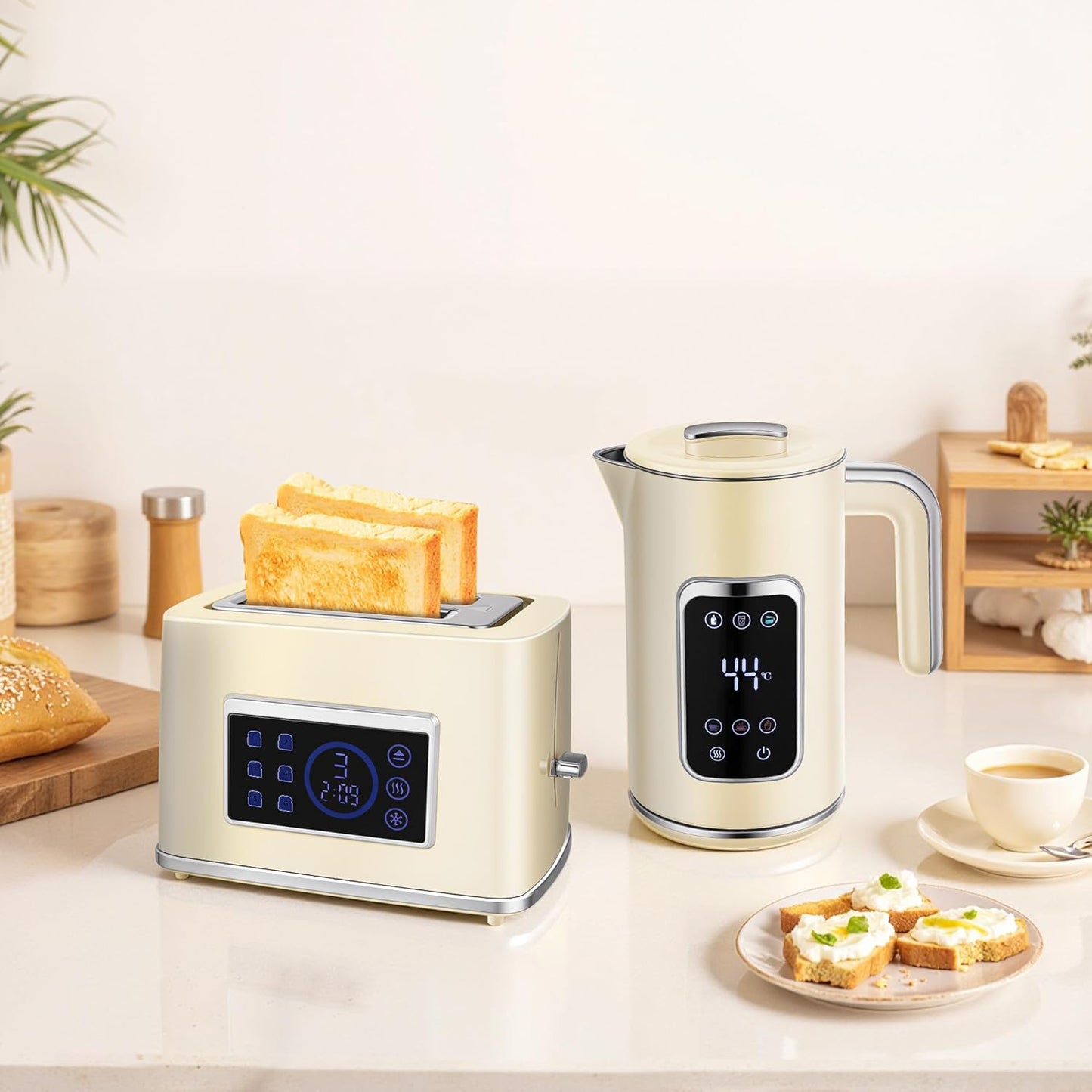 Wasserkocher-Toaster Frühstücksset mit LED-Touchscreen, Cremeweiß