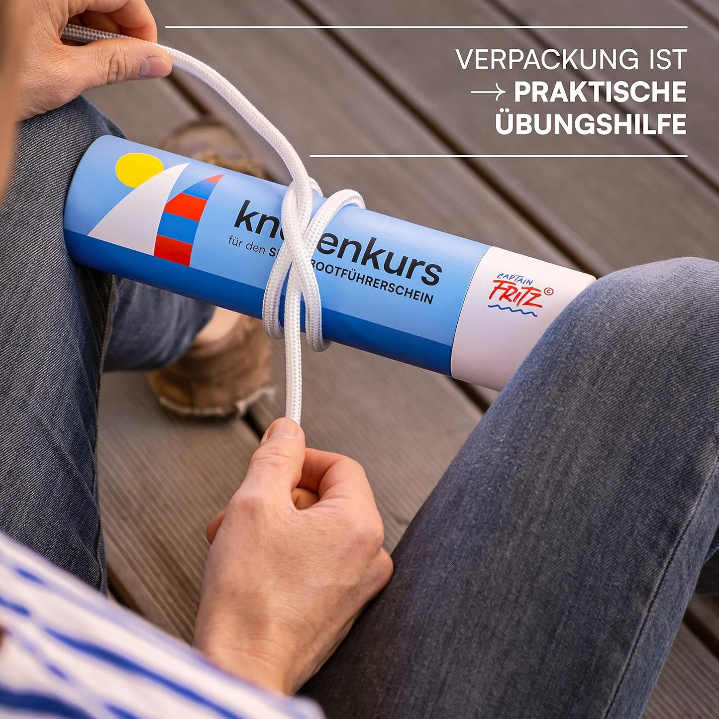 Knoten Übungsset mit Lernvideos für Bootsführerscheine, Anleitung nachhaltig produziert; Verpackung zertifiziert nach FSC® - Forest Stewardship Council.