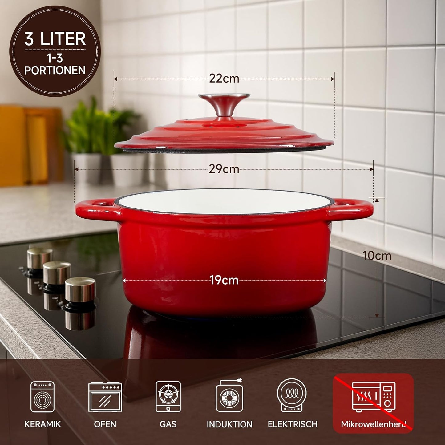 Schmortopf mit Deckel & Topflappen, 22cm/3L Rot mit cremeweiß
