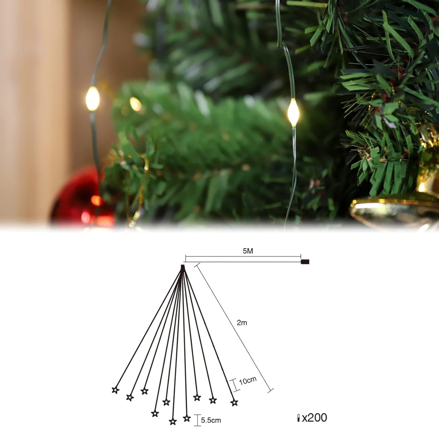Weihnachtsbaum-Lichterkette mit Ring, 200 LEDs