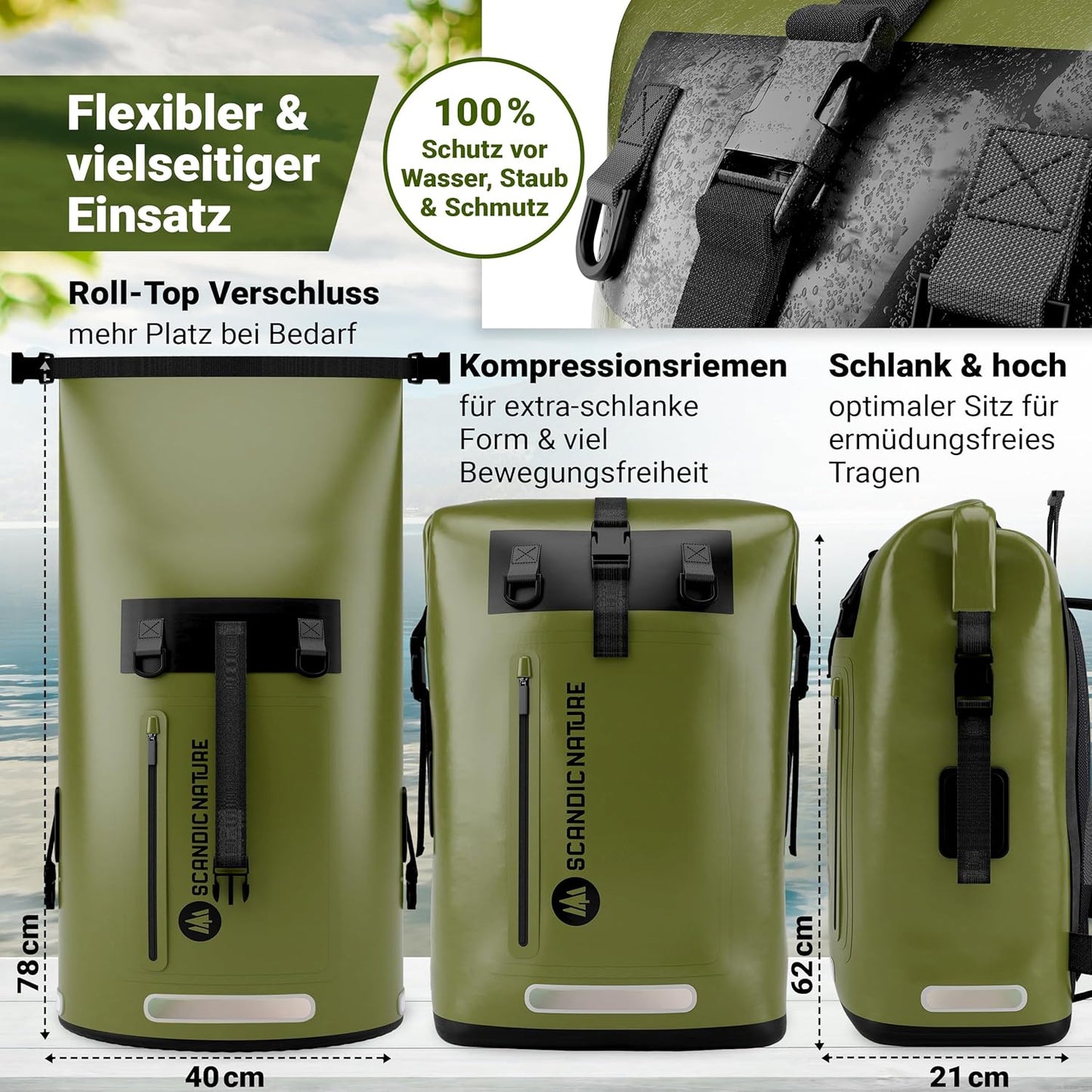 Wasserdichter Rucksack mit Rolltop-Verschluss und Handyhülle, Oliv-grün 35 Liter