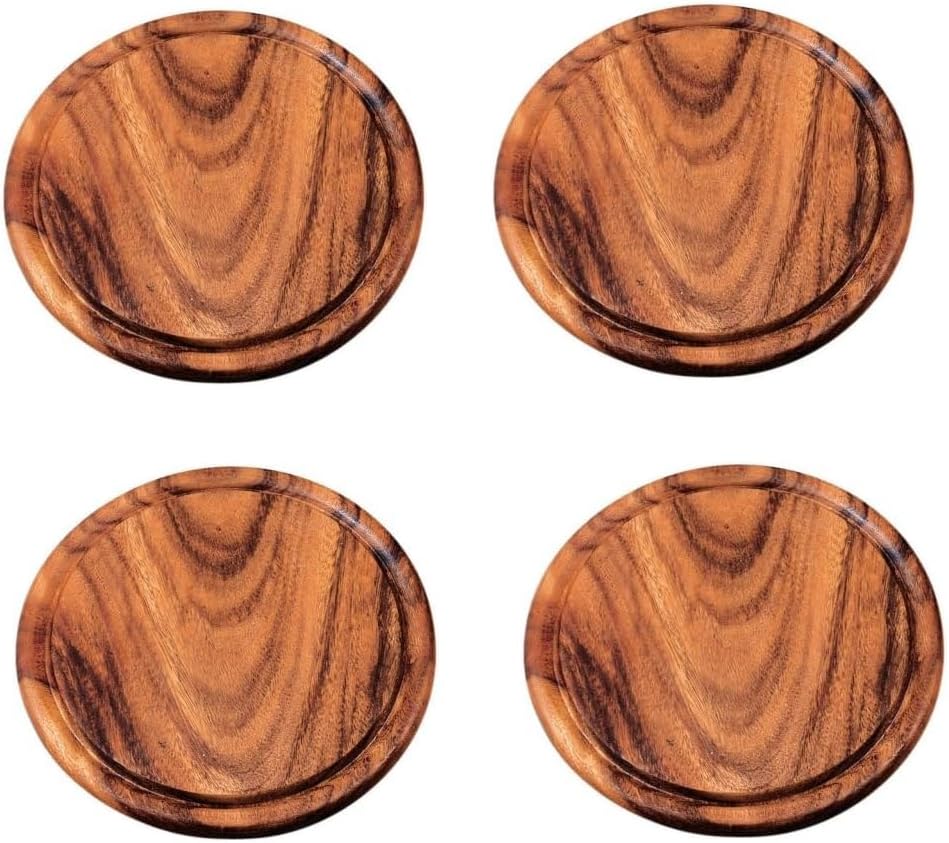 4er-Set Runde Frühstücksbrettchen mit Saftrille, 4er Pack Akazienholz