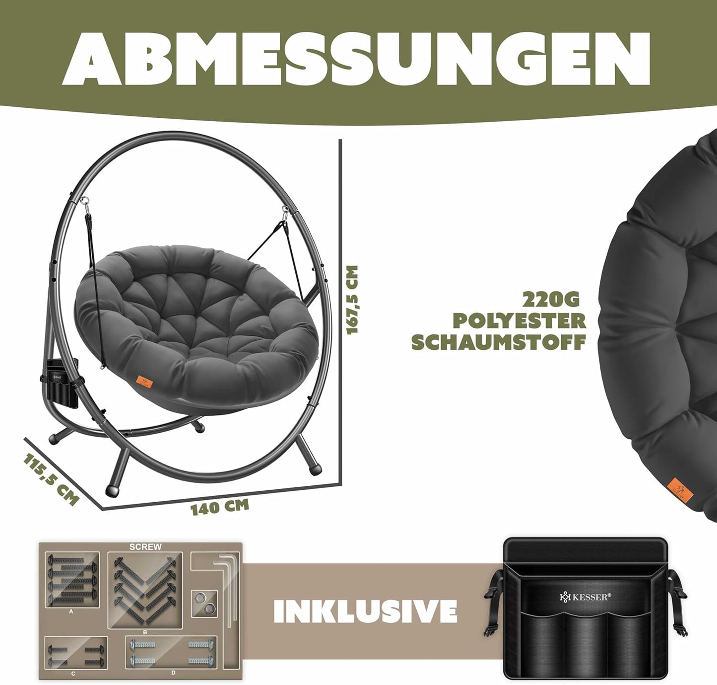 Hängesessel mit Gestell und Kissen-Set, Anthrazit