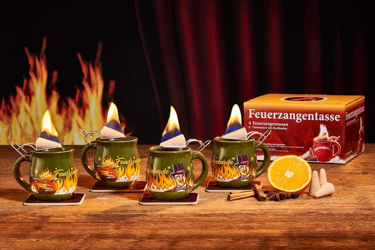 4-teiliges Feuerzangentassen-Set für Feuerzangenbowle mit Zubehör, Oliv/Rühmann