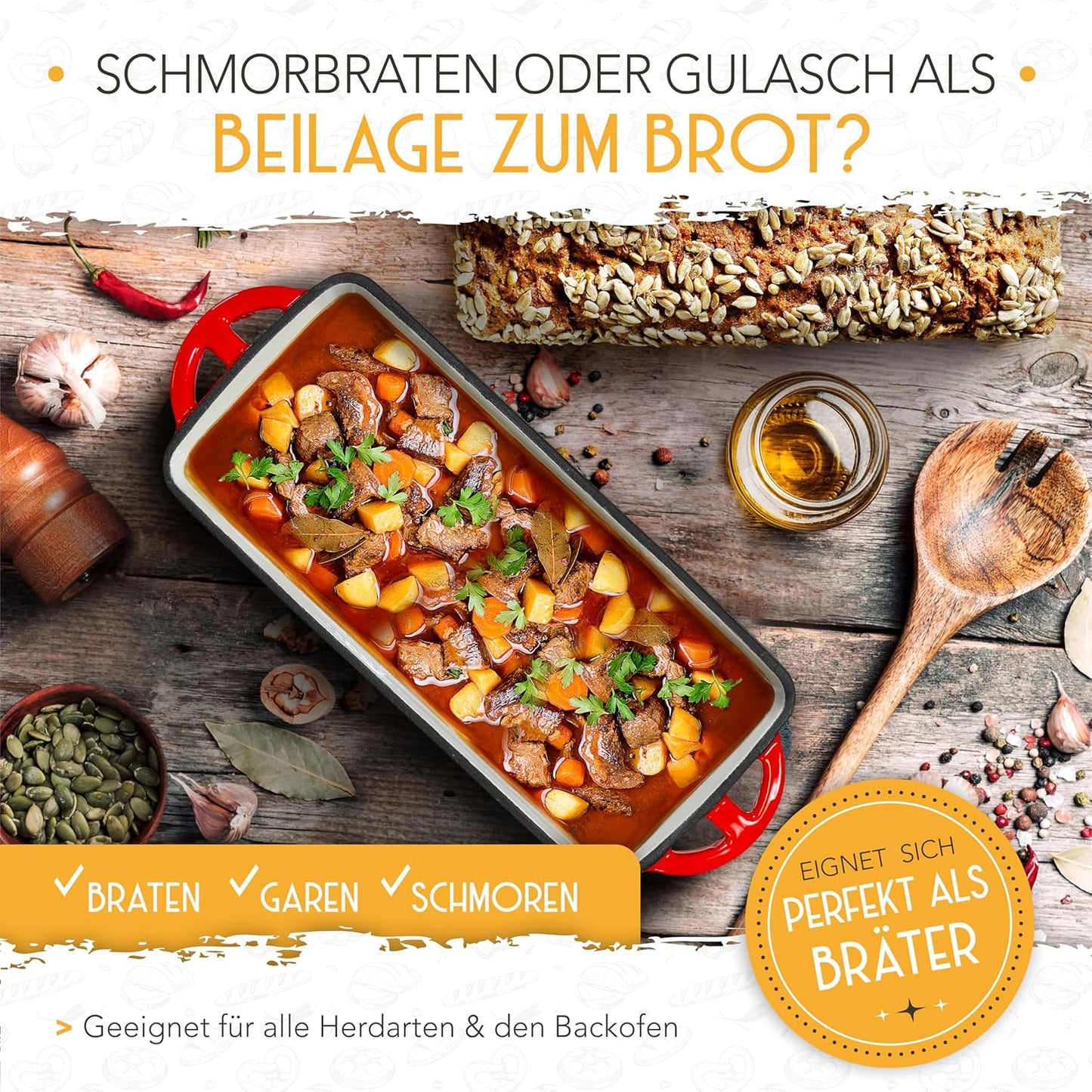 Brotbackform mit Gärkorb, Emaille Rot Kastenform