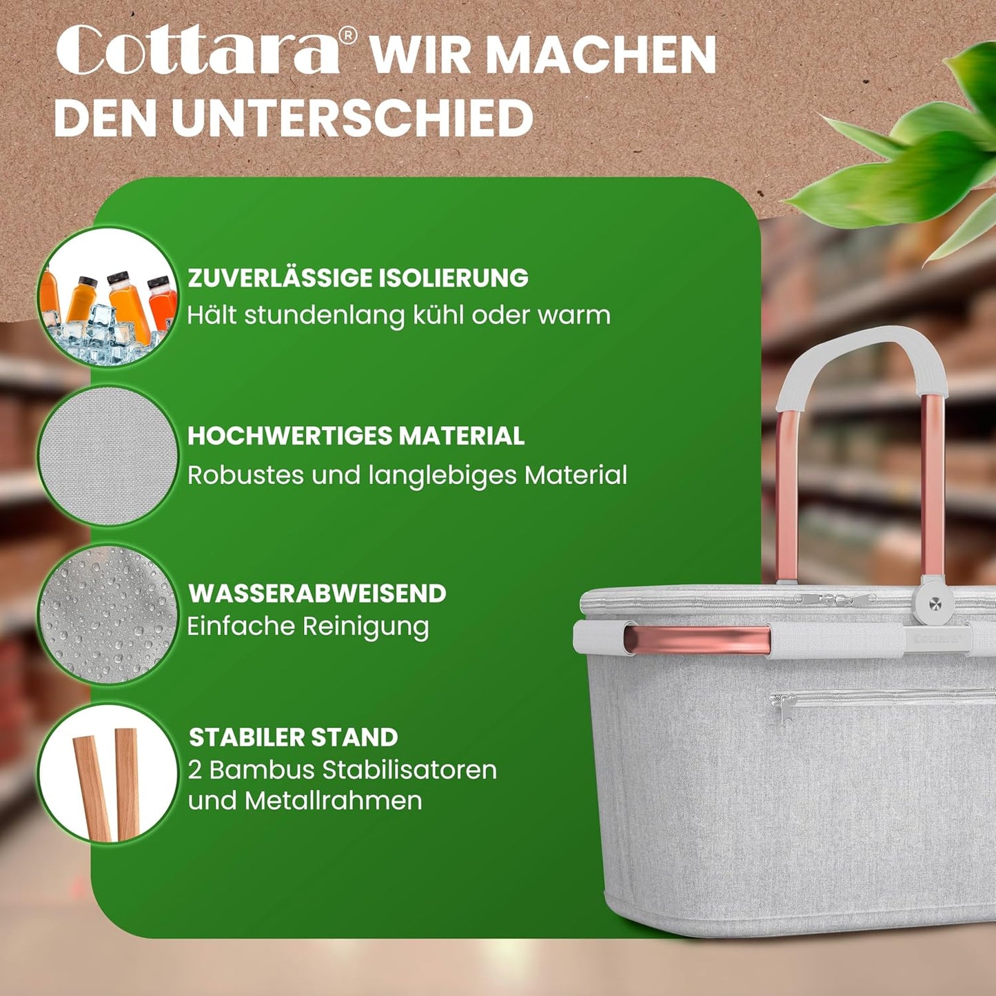Thermo Einkaufskorb Kühltasche mit Reissverschlussfach, Hellgrau Rose