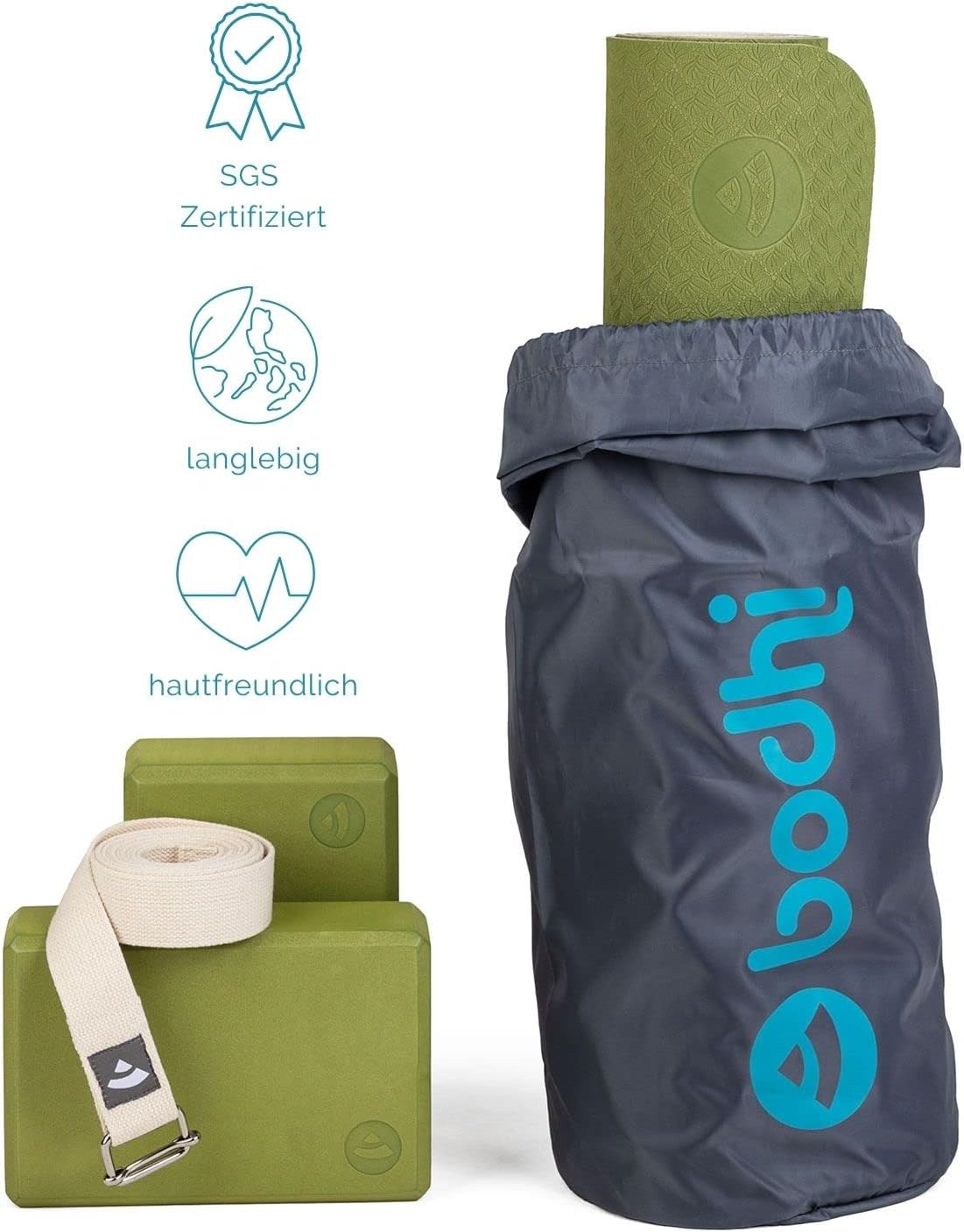 Yoga Starter-Set mit Matte, Blöcken & Gurt, olivgrün/sand