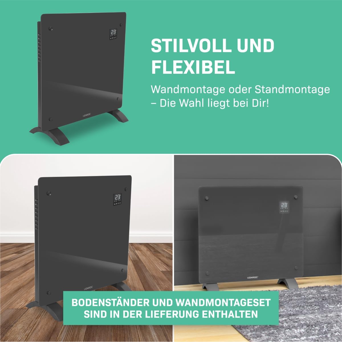 Konvektor-Heizung für Wand-/Bodenmontage mit App-Steuerung, 1000W, Grau