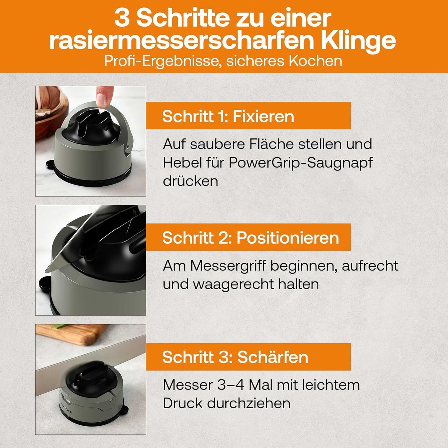 Evo Messerschärfer mit PowerGrip Saugnapf, Evo Grau