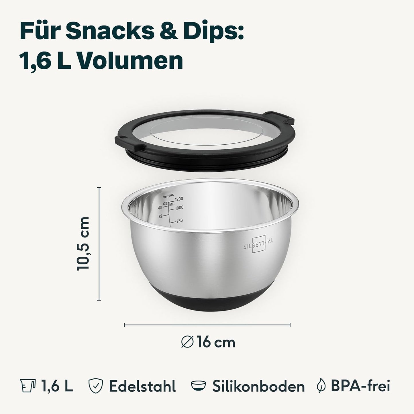 Edelstahl Rührschüssel mit Deckel (1,6l), 1,6l