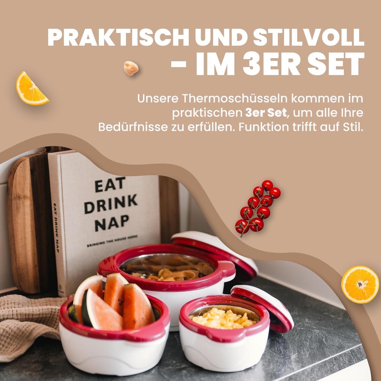 3er-Set Thermoschüssel mit Deckel, Beere