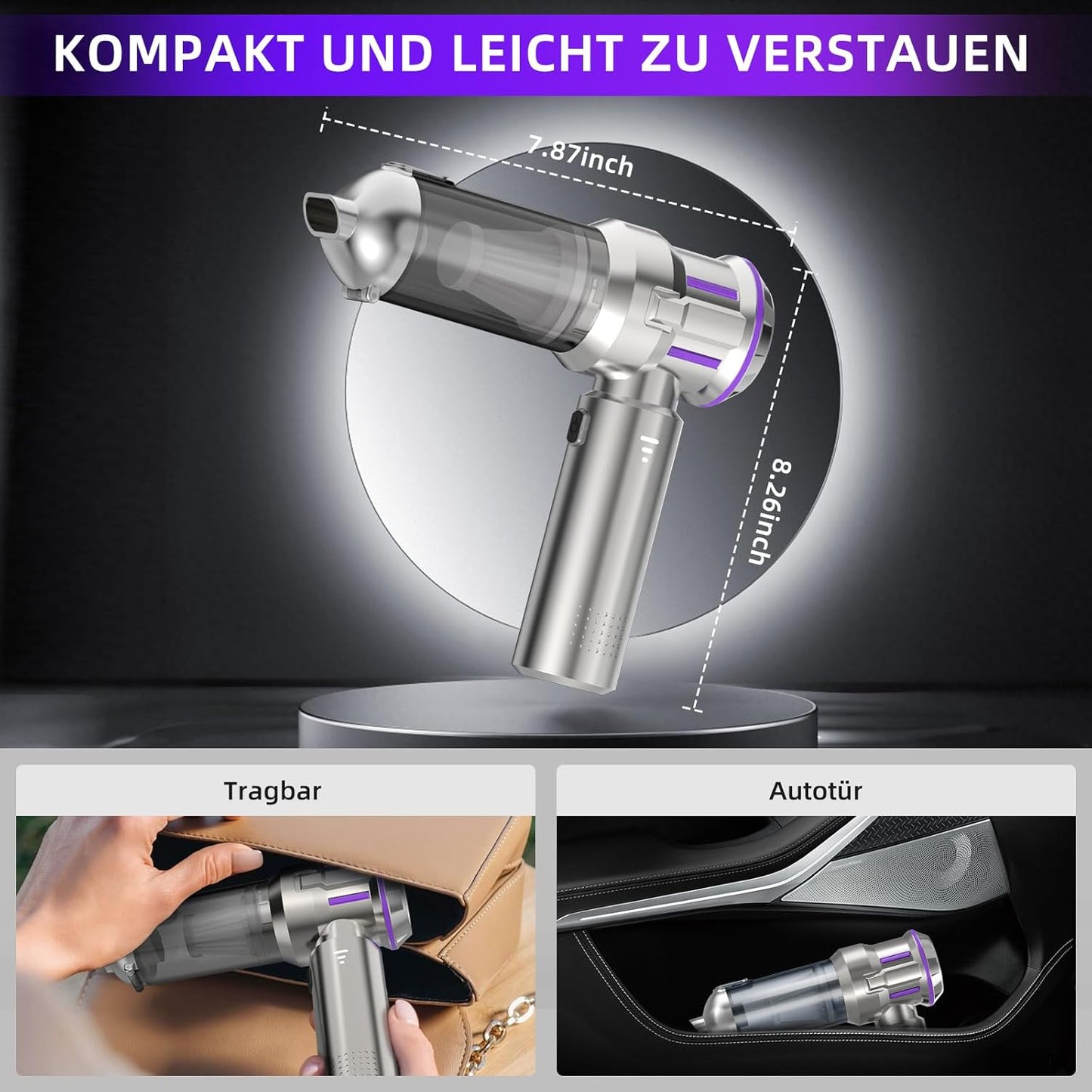 4-in-1 Akkustaubsauger mit Selbstentleerung, Silber mit Lila
