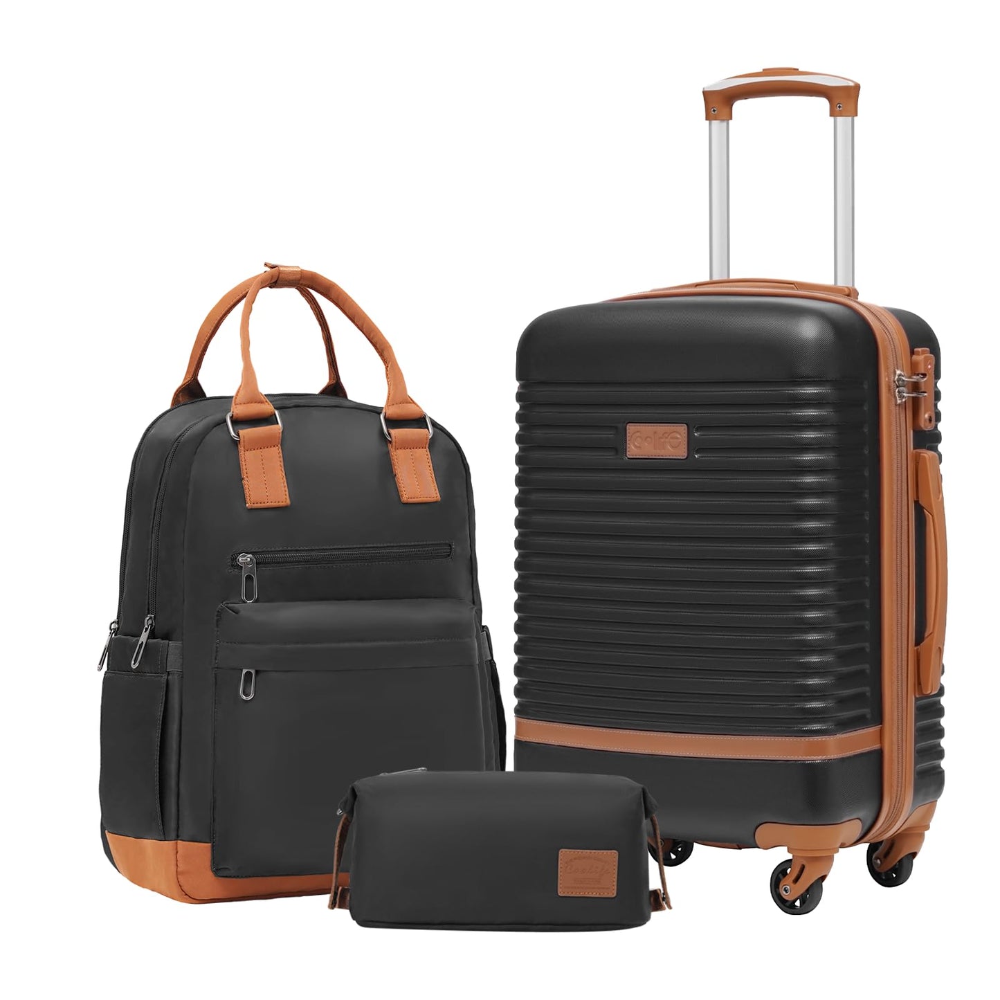 Reisekoffer mit Reiserucksack und Kulturbeutel, Handgepäck-Set 3tlg Schwarz/Braun
