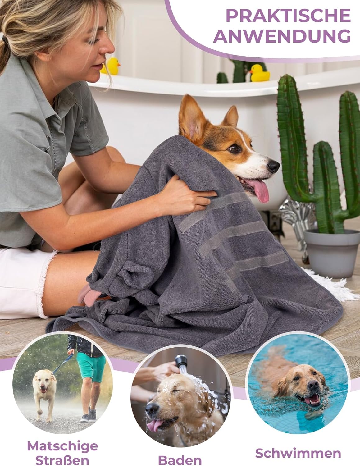 Schnelltrocknender Hunde-Bademantel, L Grau Rosa
