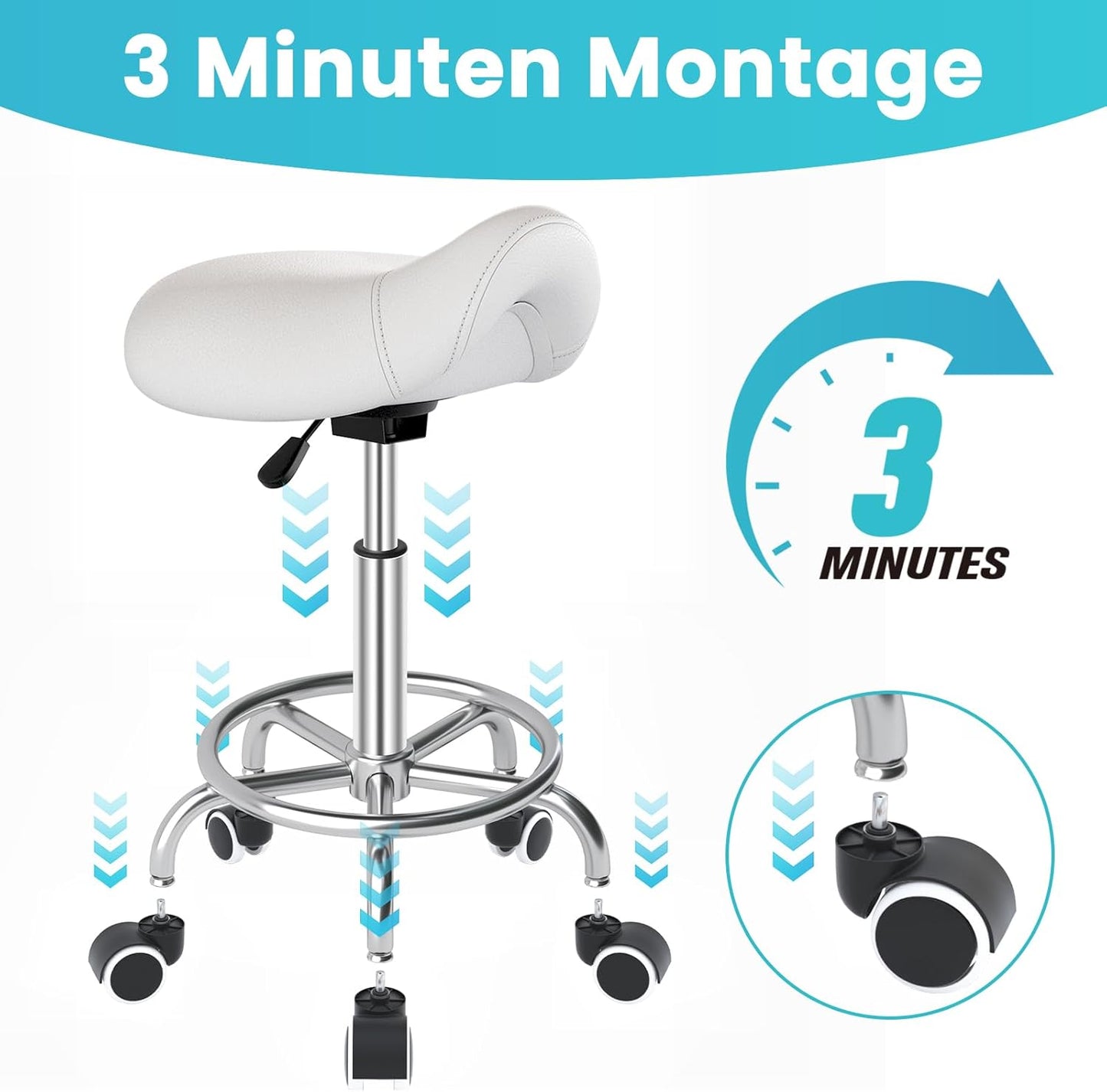 Ergonomischer Sattelhocker mit Rollen und Ringpedal, Weiss