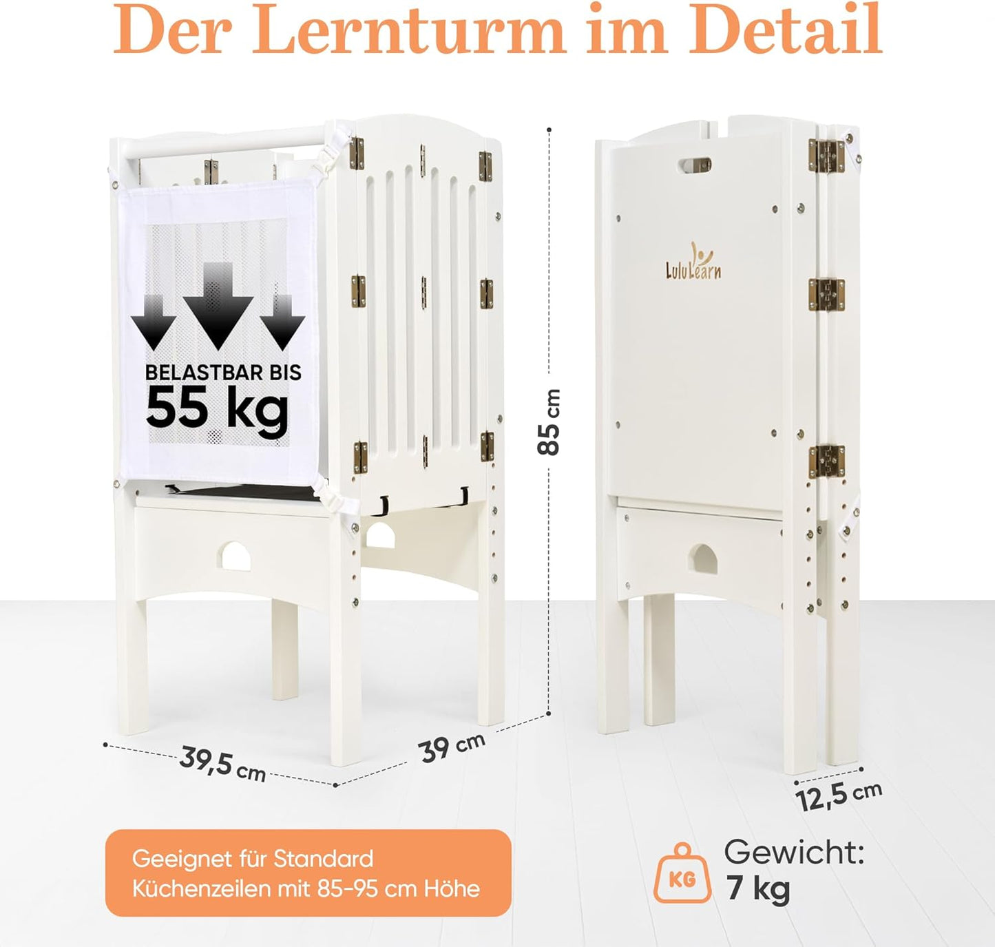 Faltbarer Lernturm ab 1 Jahr, höhenverstellbar, Weiss