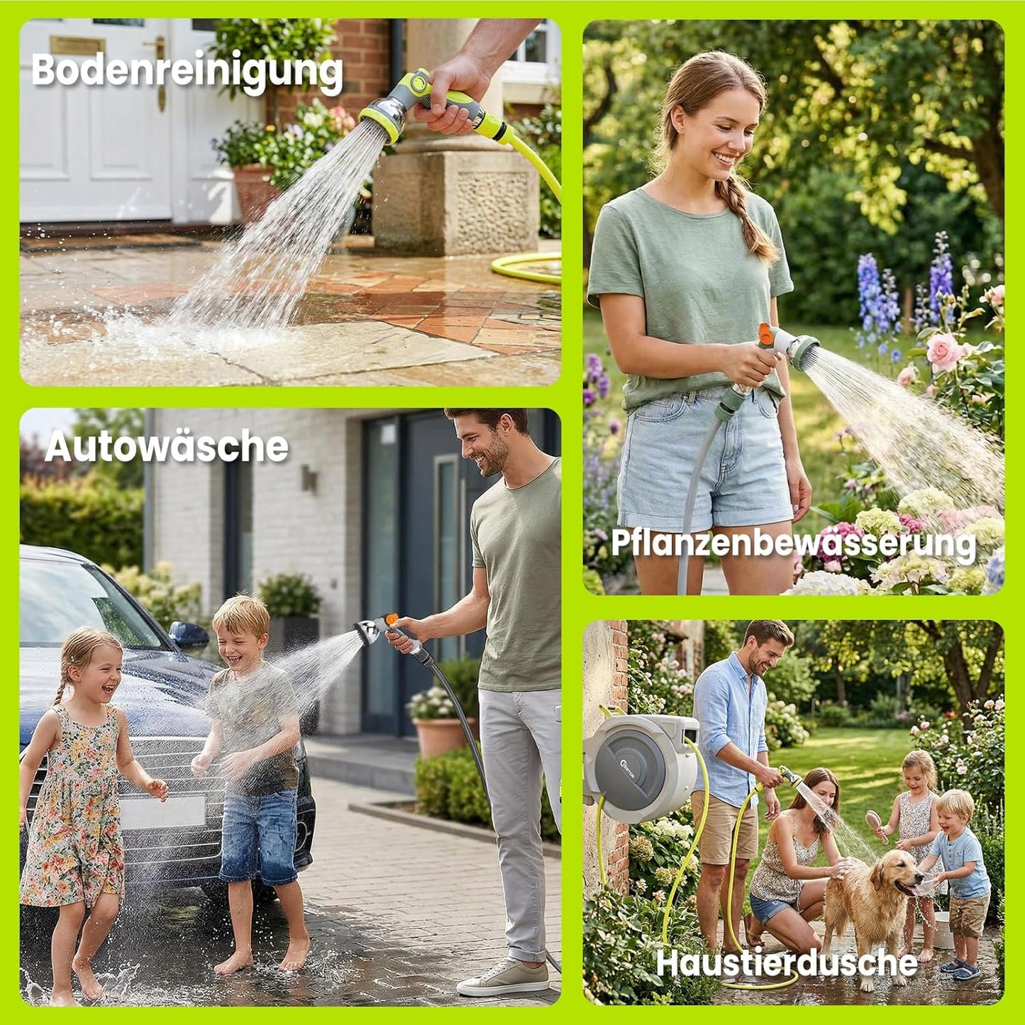 Automatische Schlauchtrommel 30m, schwenkbar mit Gartenbrause, Grün & Grau 30M