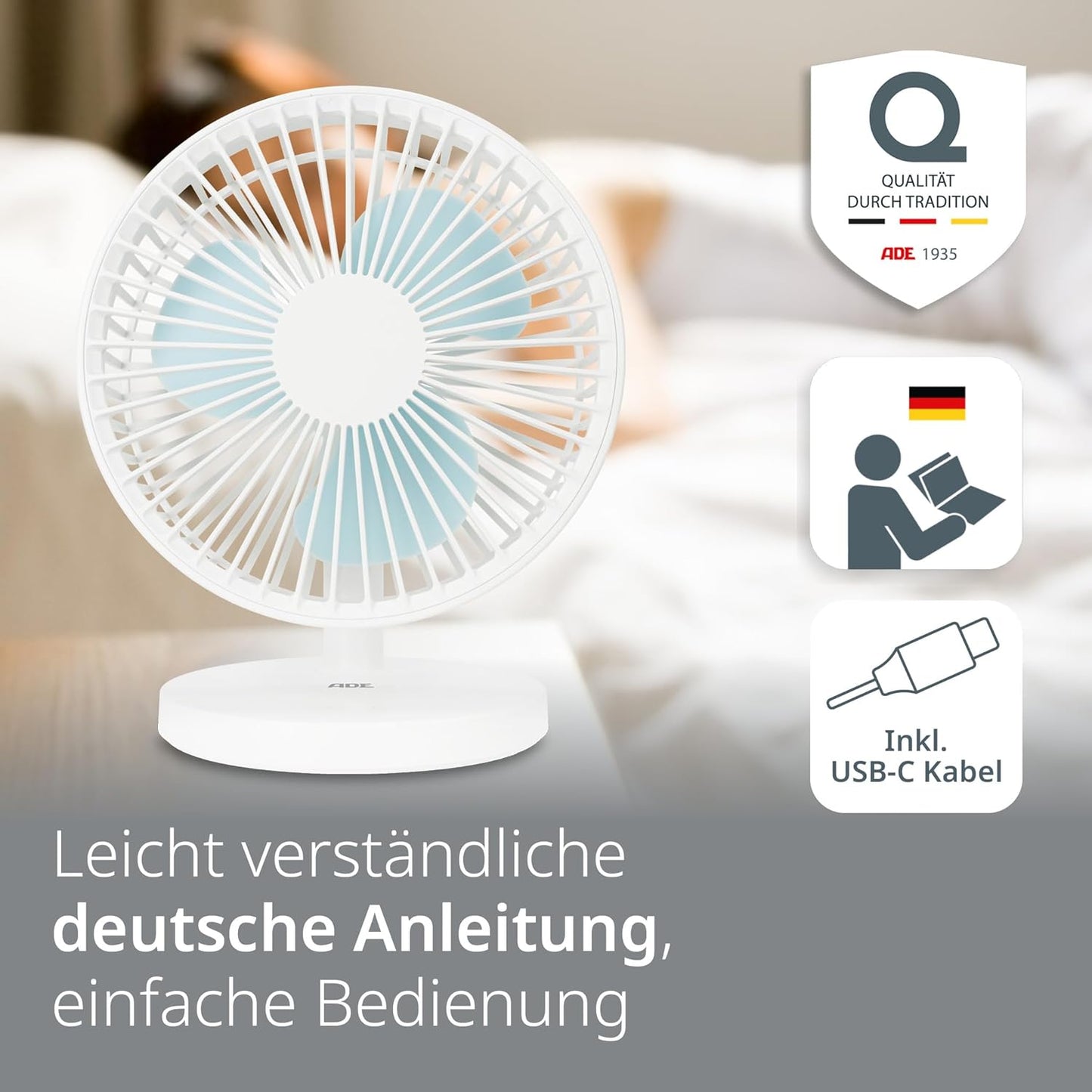 USB-Tischventilator mit Akku und 3 Stufen, Weiss
