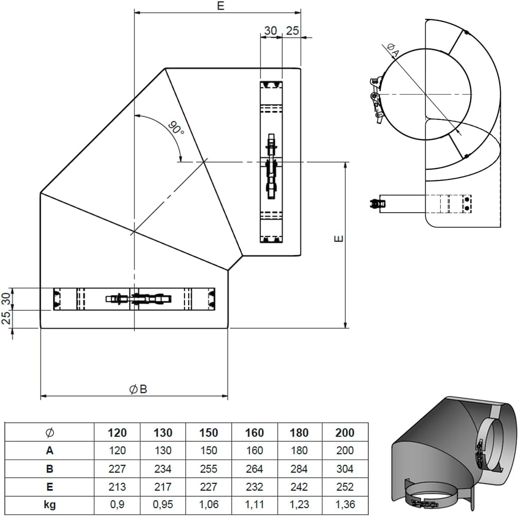 Ofenrohr Strahlungsschutzbogen 90° (120 mm), 120 mm Bogen 90° Liegend Schwarz