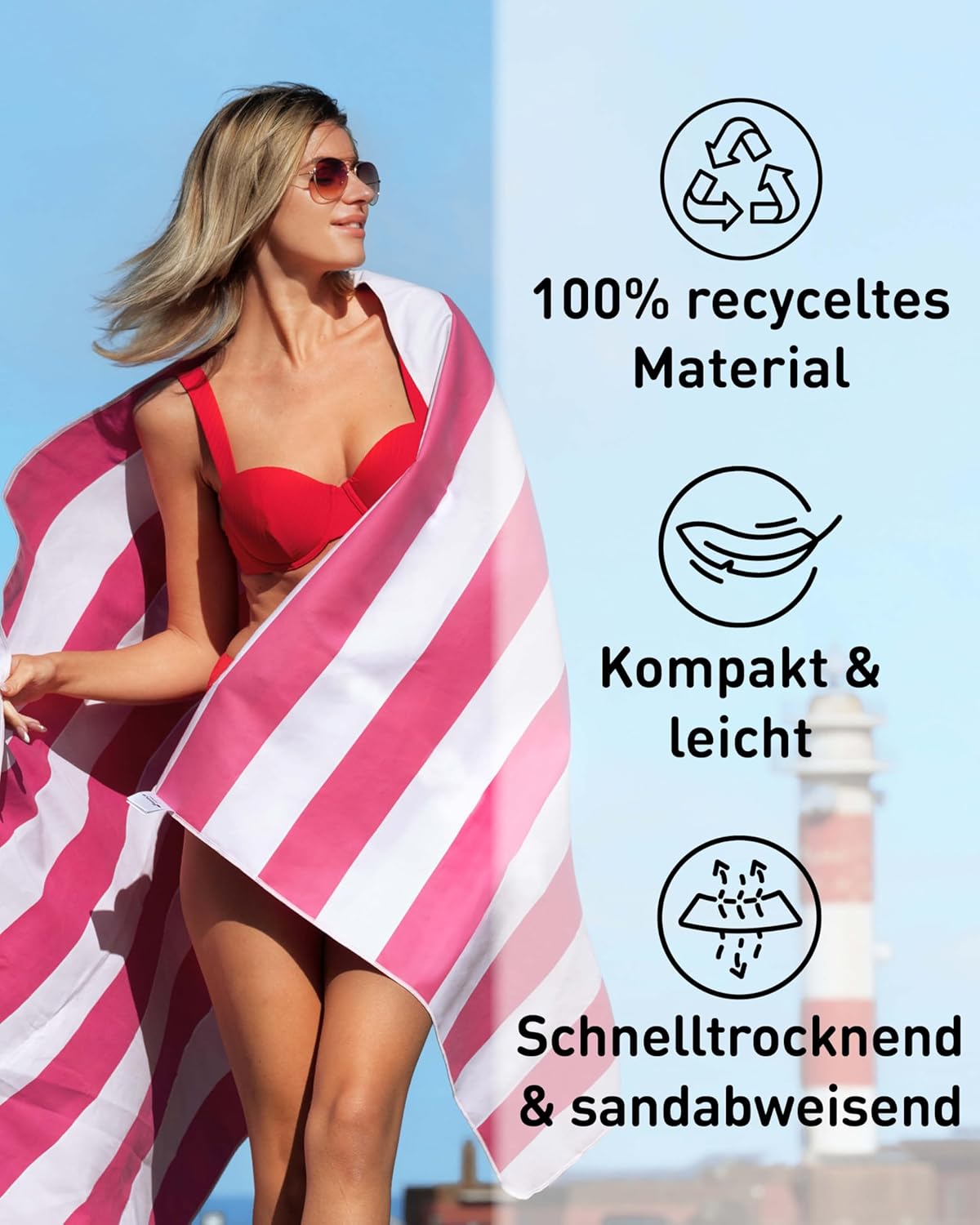 Strandtuch XXL aus Mikrofaser, 200cm x 90cm 06 Pink - Weiss