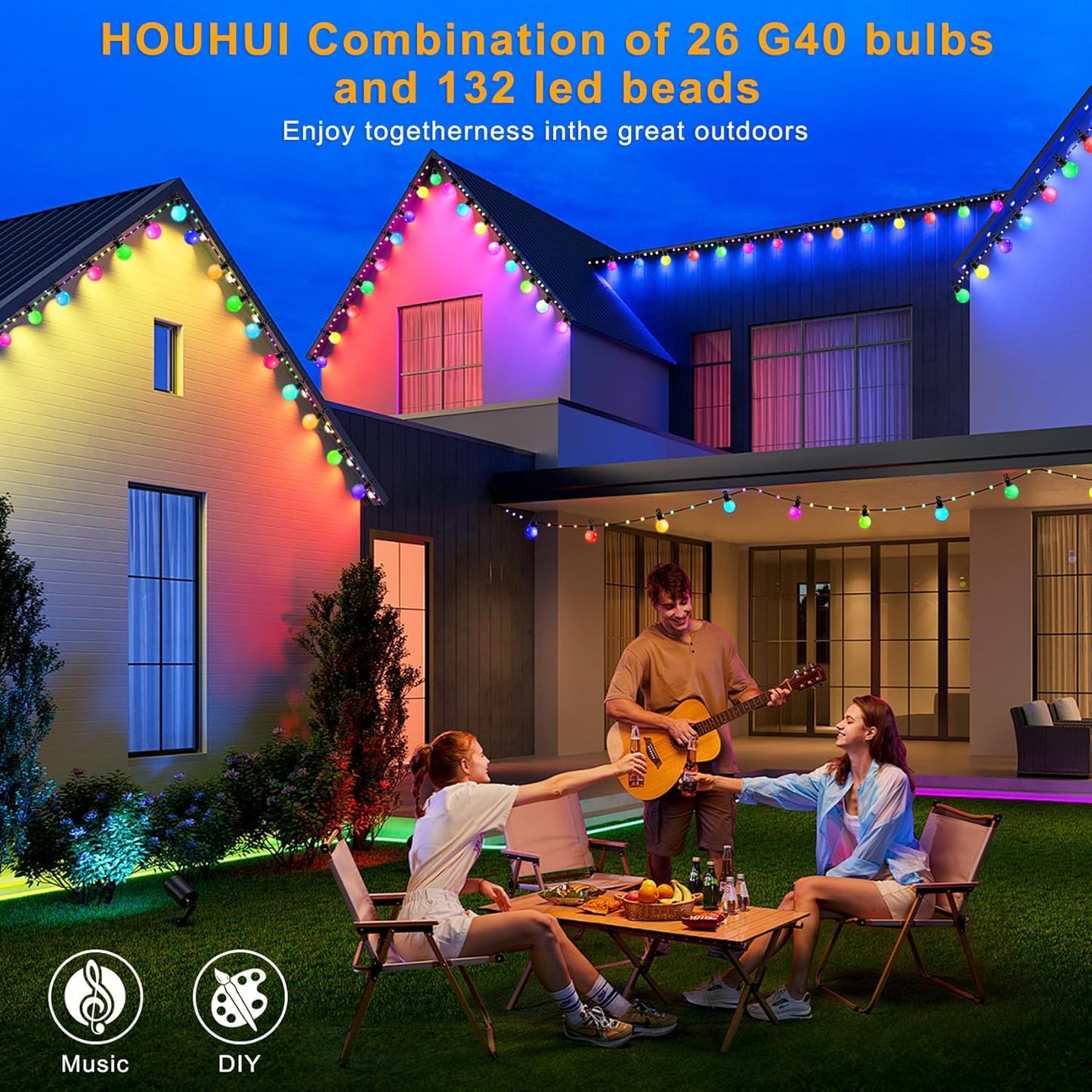 LED Lichterkette mit 26x G40 Glühbirnen, 132 LEDs und Timer, 20 M RGB Lichterkette Aussen USB
