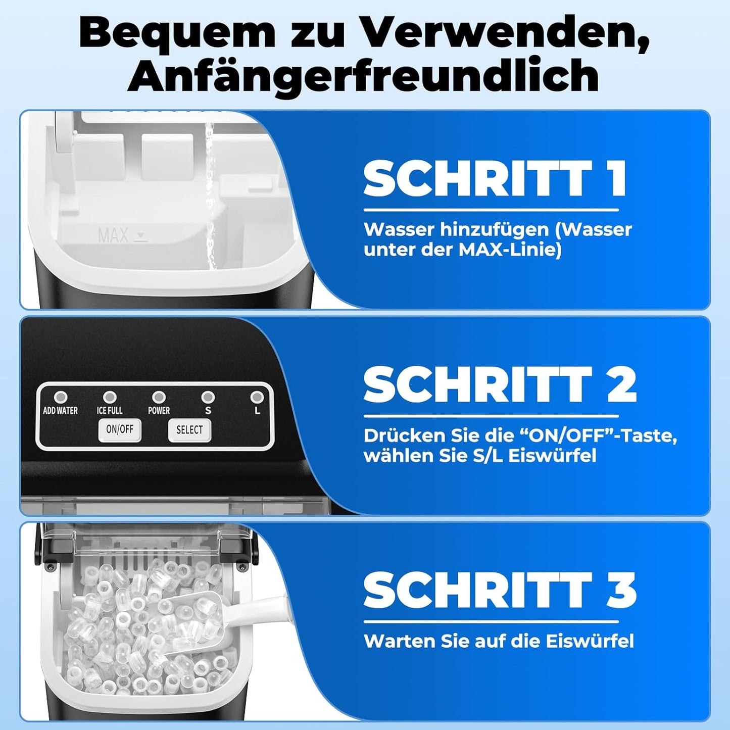 Eiswürfelmaschine mit Selbstreinigungsfunktion, Schwarz