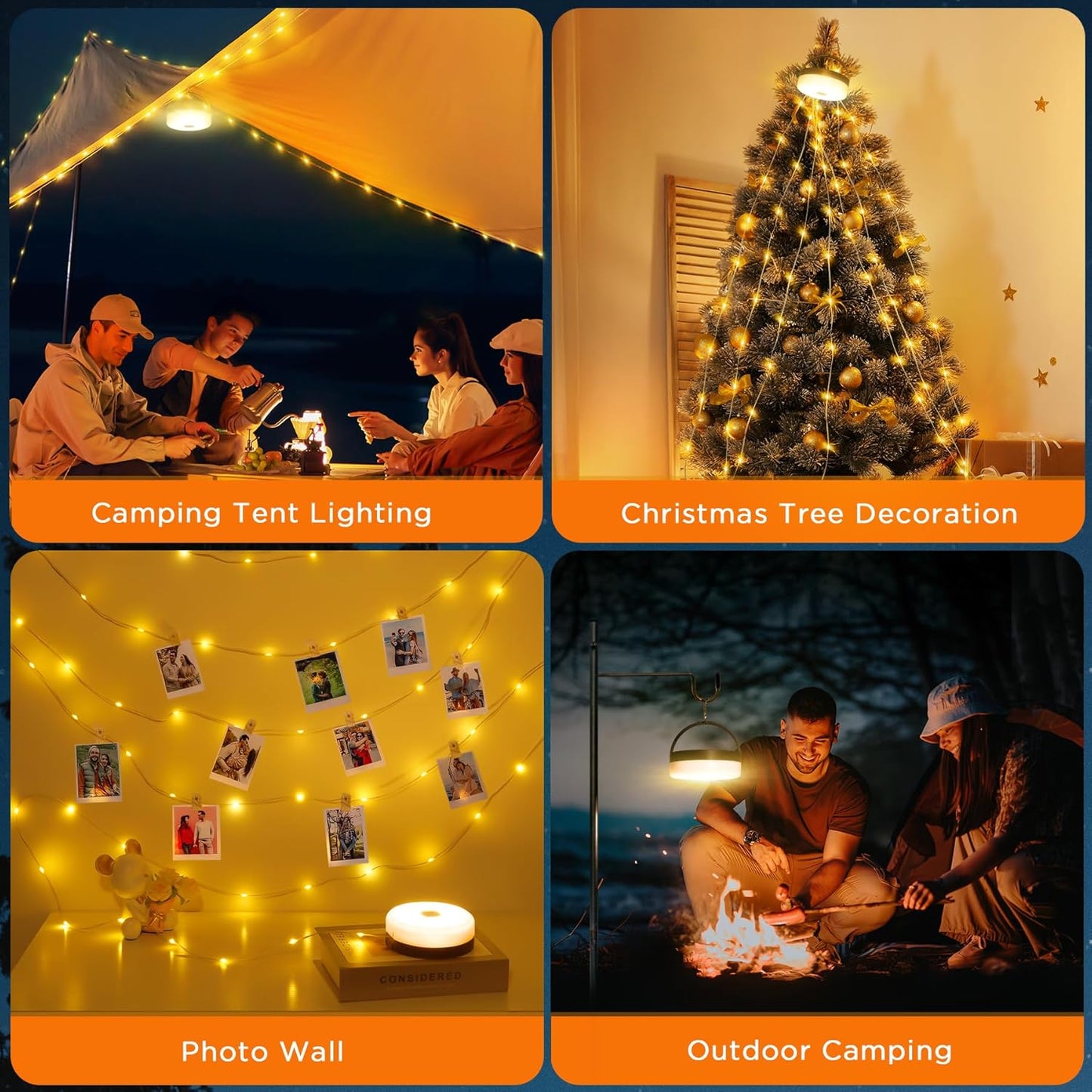 Camping Lichterkette Aufrollbar mit 9 Modi, USB-Ladung, Usb Laden Warmweiss
