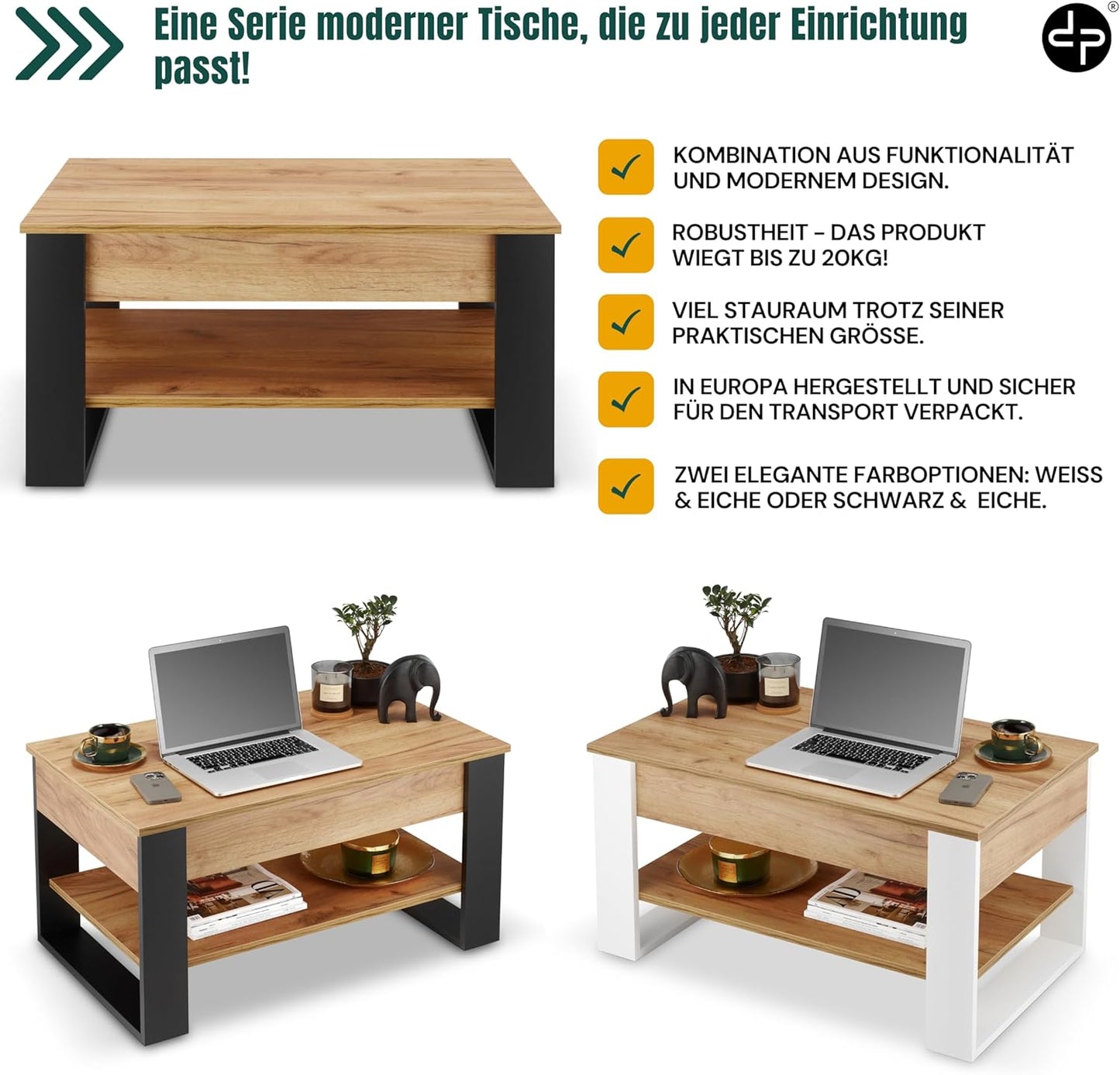 Höhenverstellbarer Couchtisch mit Stauraum, Schwarz + Eiche
