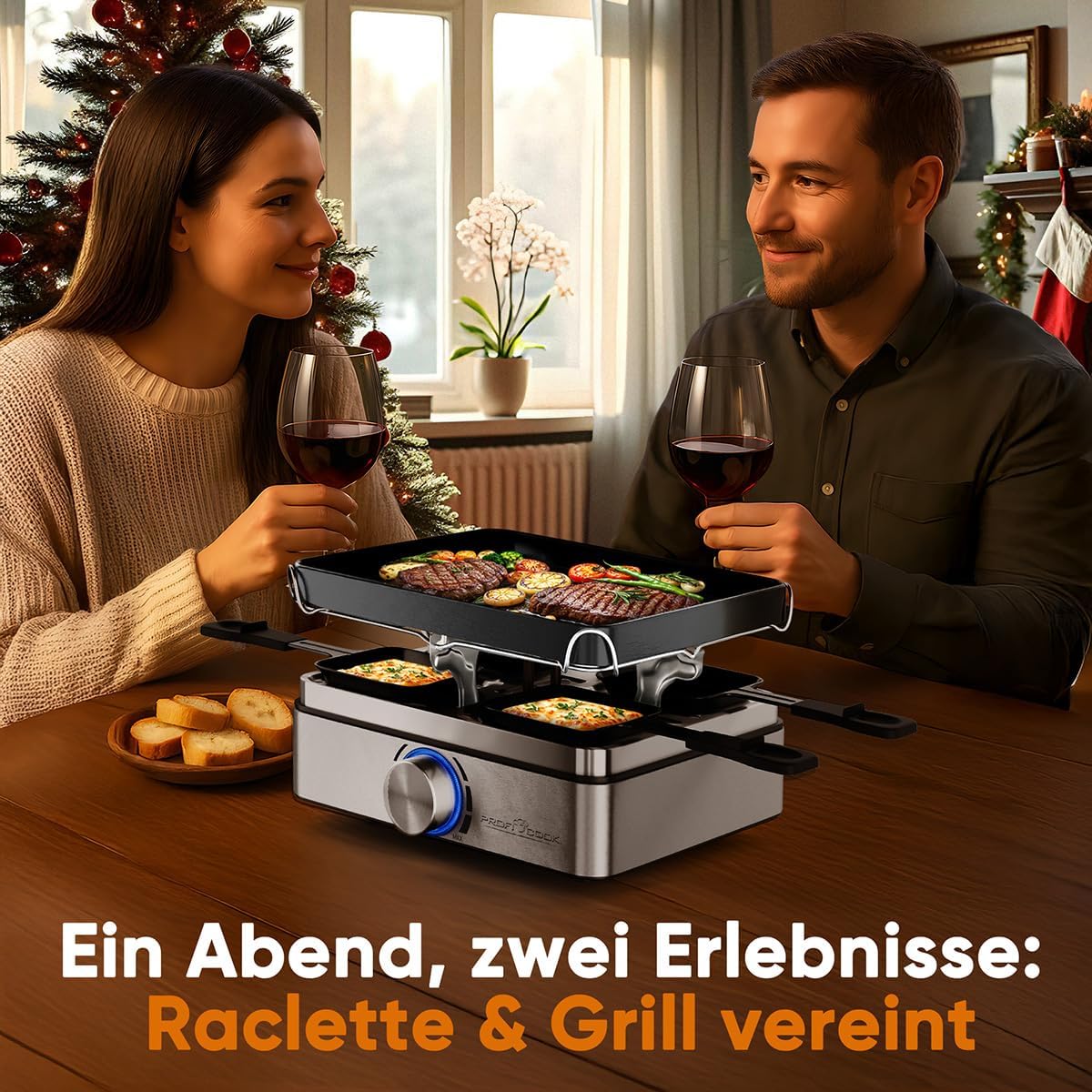 Raclette-Grill für 4 Personen mit Wendegussplatte, Edelstahl