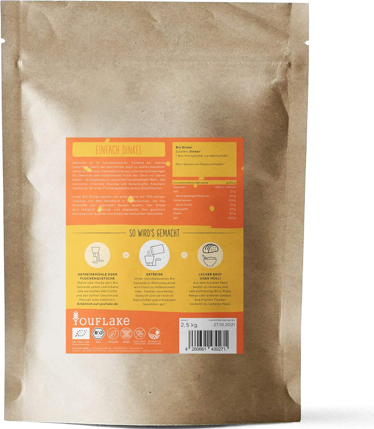 Mahlaufsatz für KitchenAid + 2,5 kg Bio Dinkel, Mockmill Mahlaufsatz + 2,5 kg Bio Dinkel