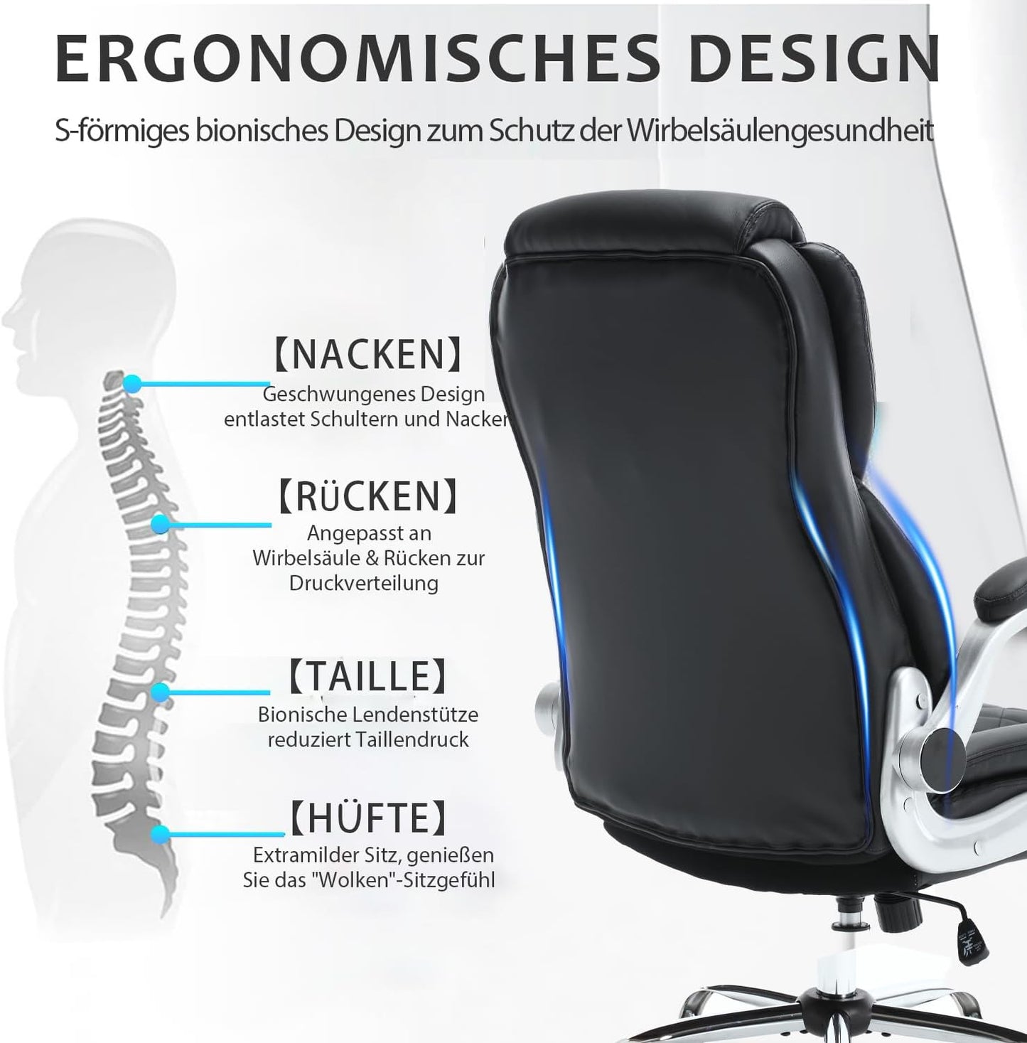Ergonomischer Bürostuhl mit Lendenwirbelstütze, Dunkelschwarz Klassisch