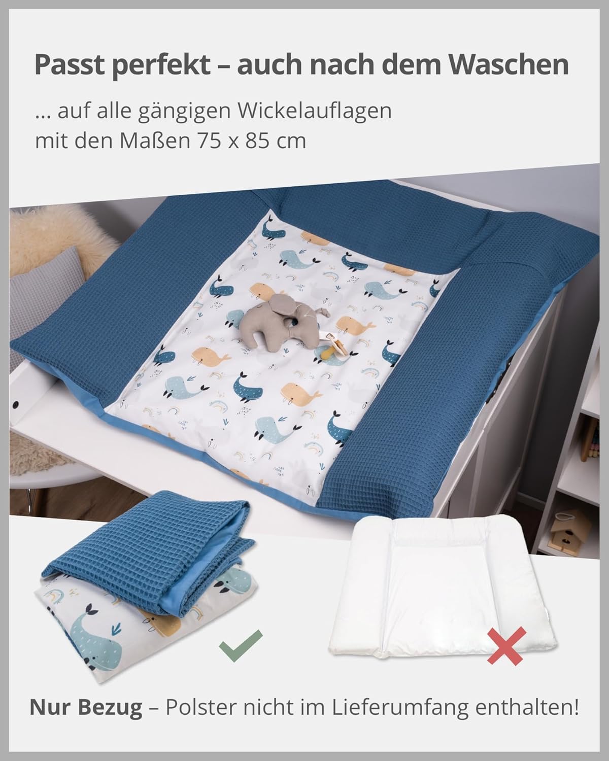 Wickelauflagenbezug, 75 x 85 cm, Blau Wale Wickelauflage NUR BEZUG