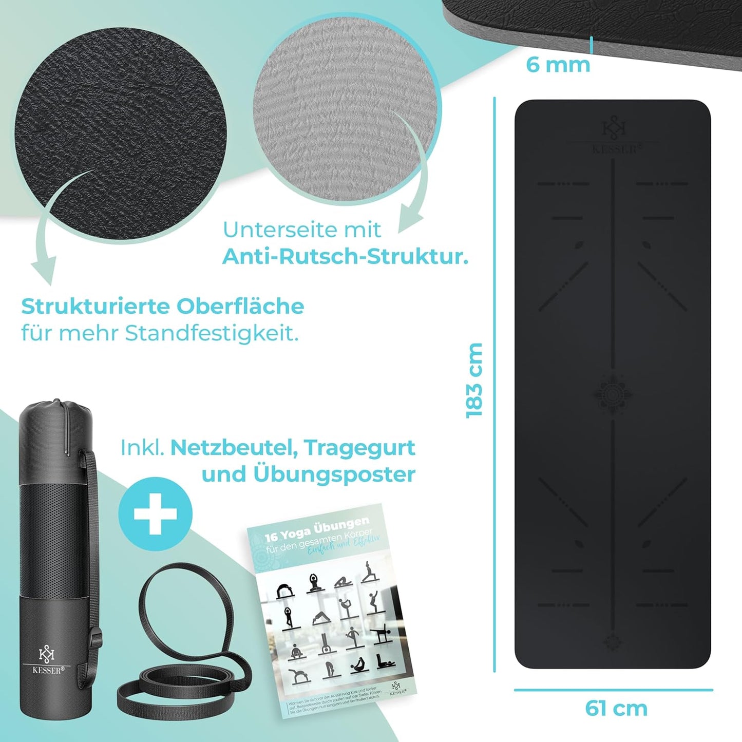 Yogamatte mit Tragegurt, Schwarz