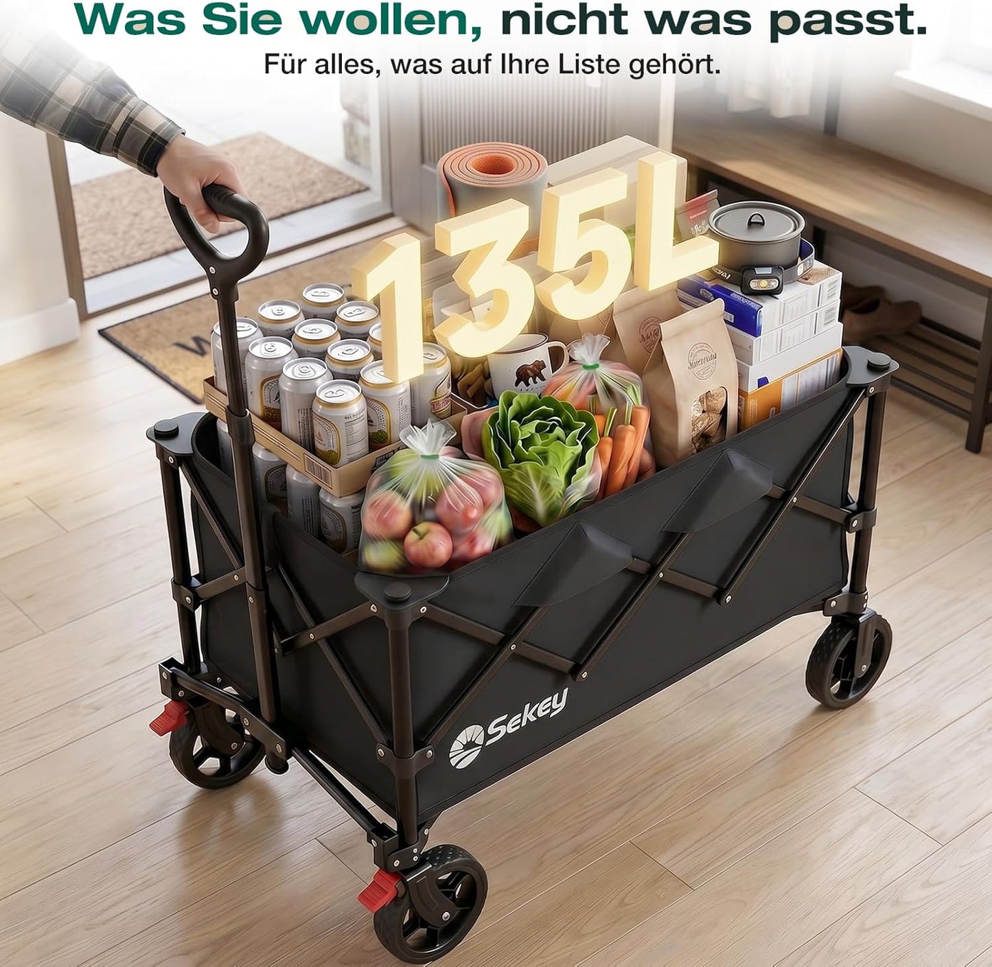 Faltbarer Bollerwagen mit Geländereifen, Schwarz 135L