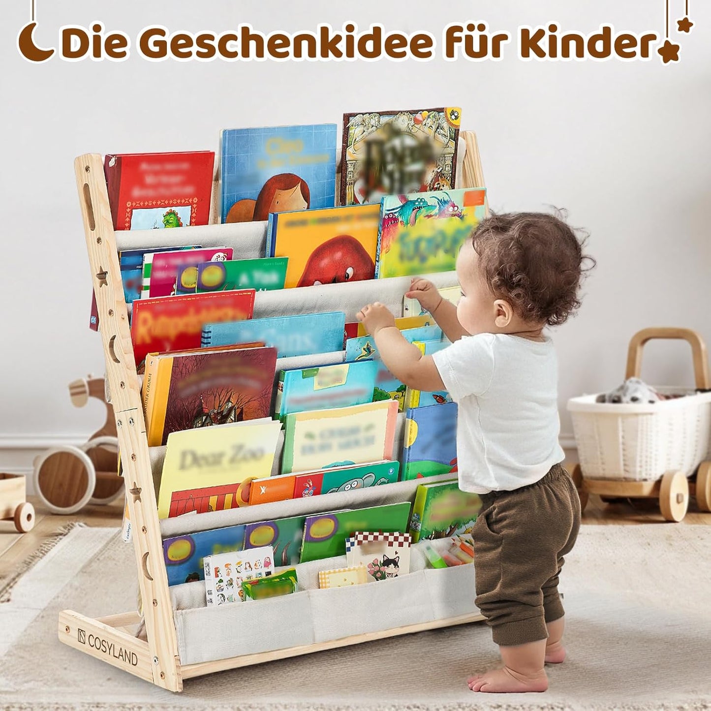 Kinderbücherregal mit Stofffächern, Naturholzfarbe X-Large