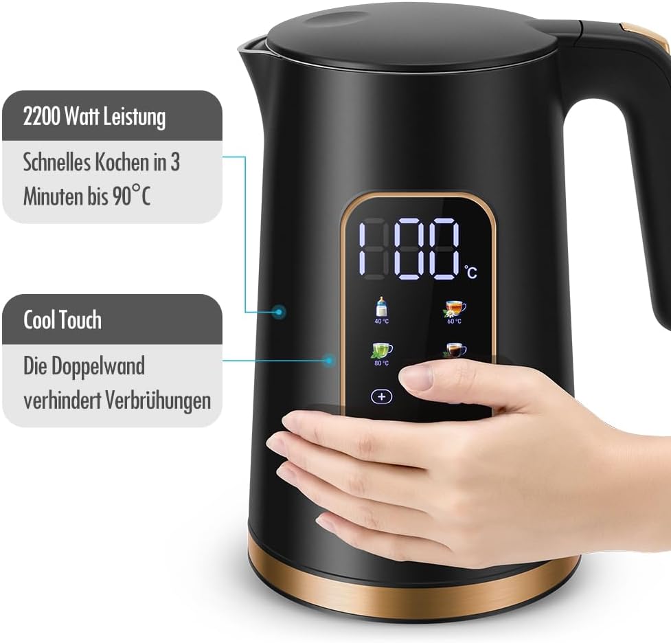 Edelstahl Wasserkocher mit Temperatureinstellung (1,7L), Schwarz 6017