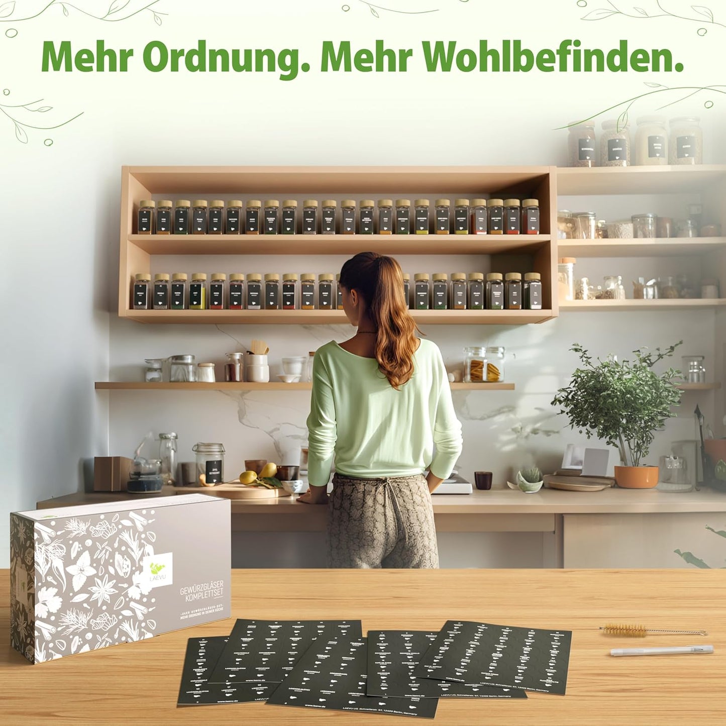 24-teiliges Gewürzgläser Set Eckig mit Gewürzetiketten, Streueinsätze, 24er Set - Bambus