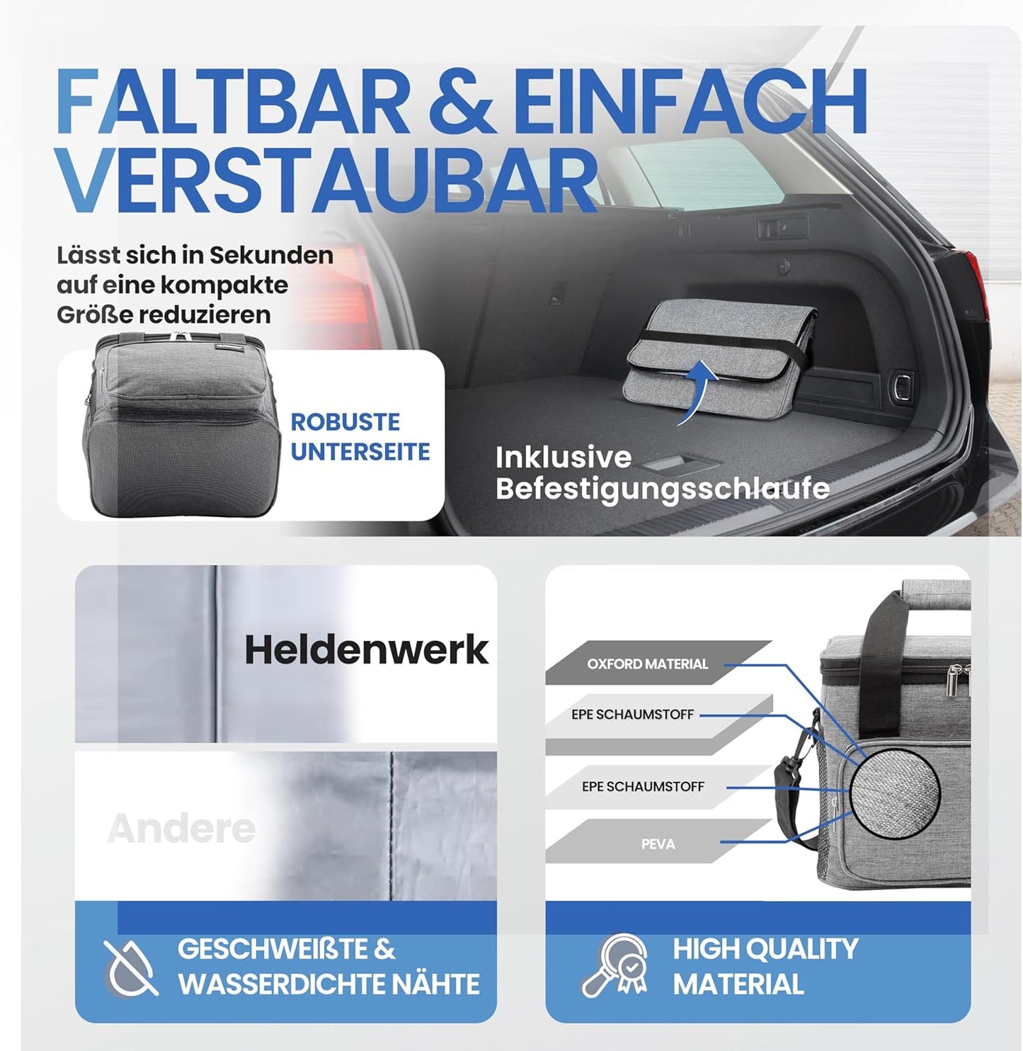 Faltbare Kühltasche mit Flaschenöfffner, wasserdicht & auslaufsicher, 10L (L29 x B20 x H22 cm) Hellgrau