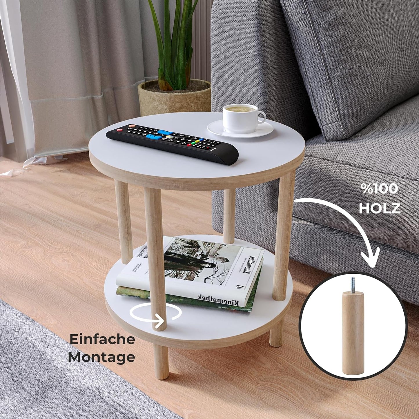 Runder Beistelltisch mit 2 Ablagen, Weiss